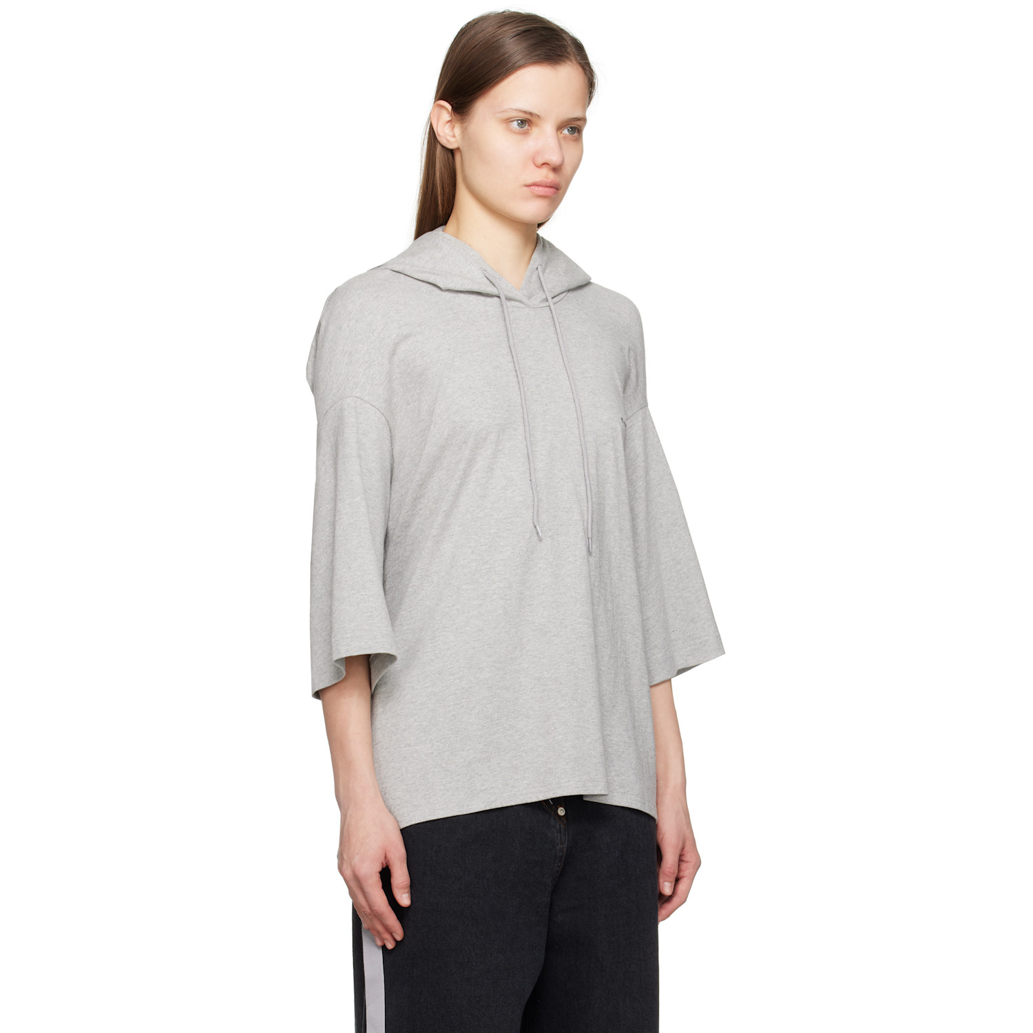  Pushbutton Gray Square Half Sleeve Hoodie 