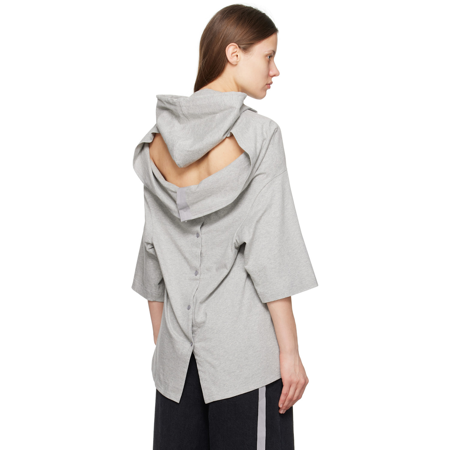  Pushbutton Gray Square Half Sleeve Hoodie 