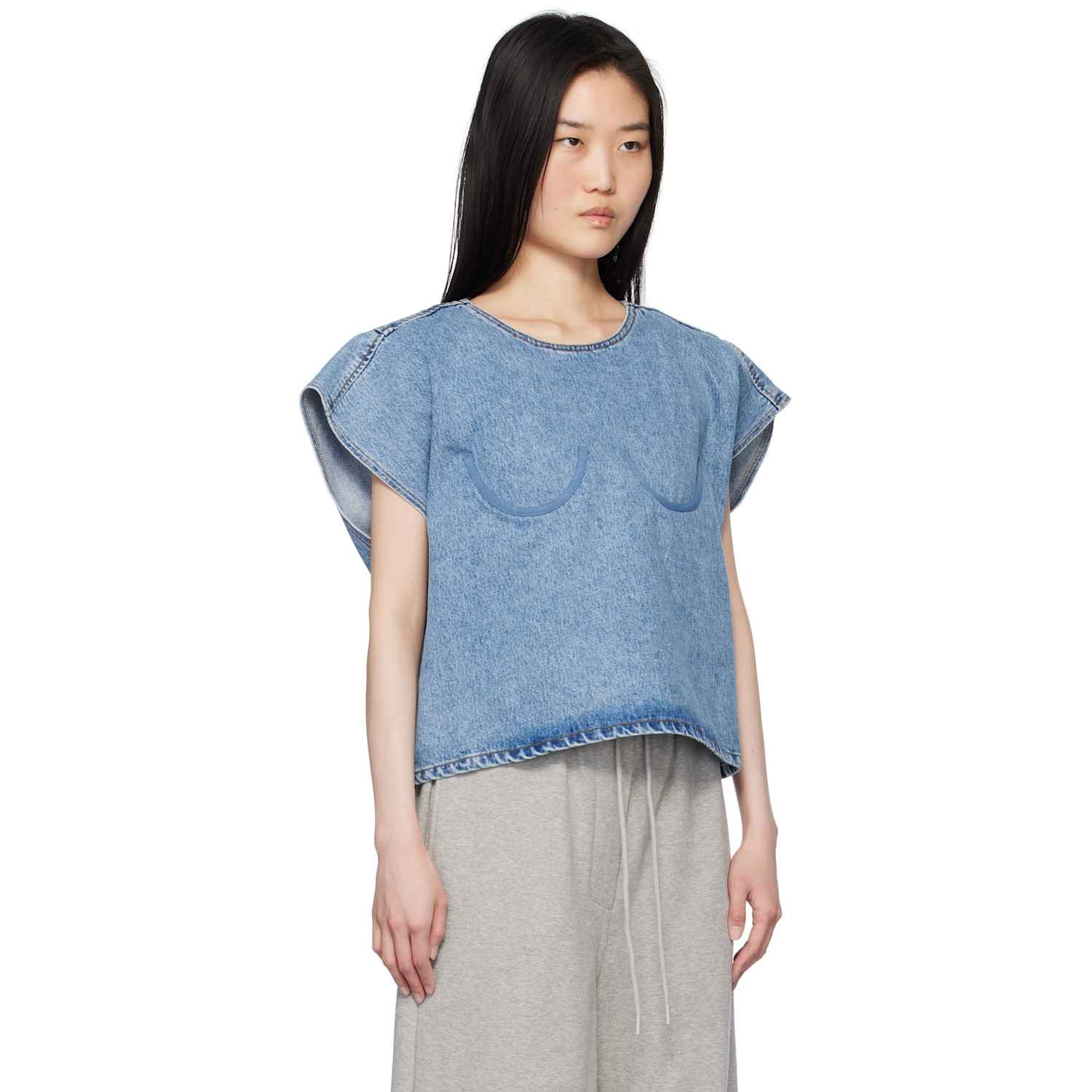  Pushbutton Blue Bra Point Sleeveless Denim Top 