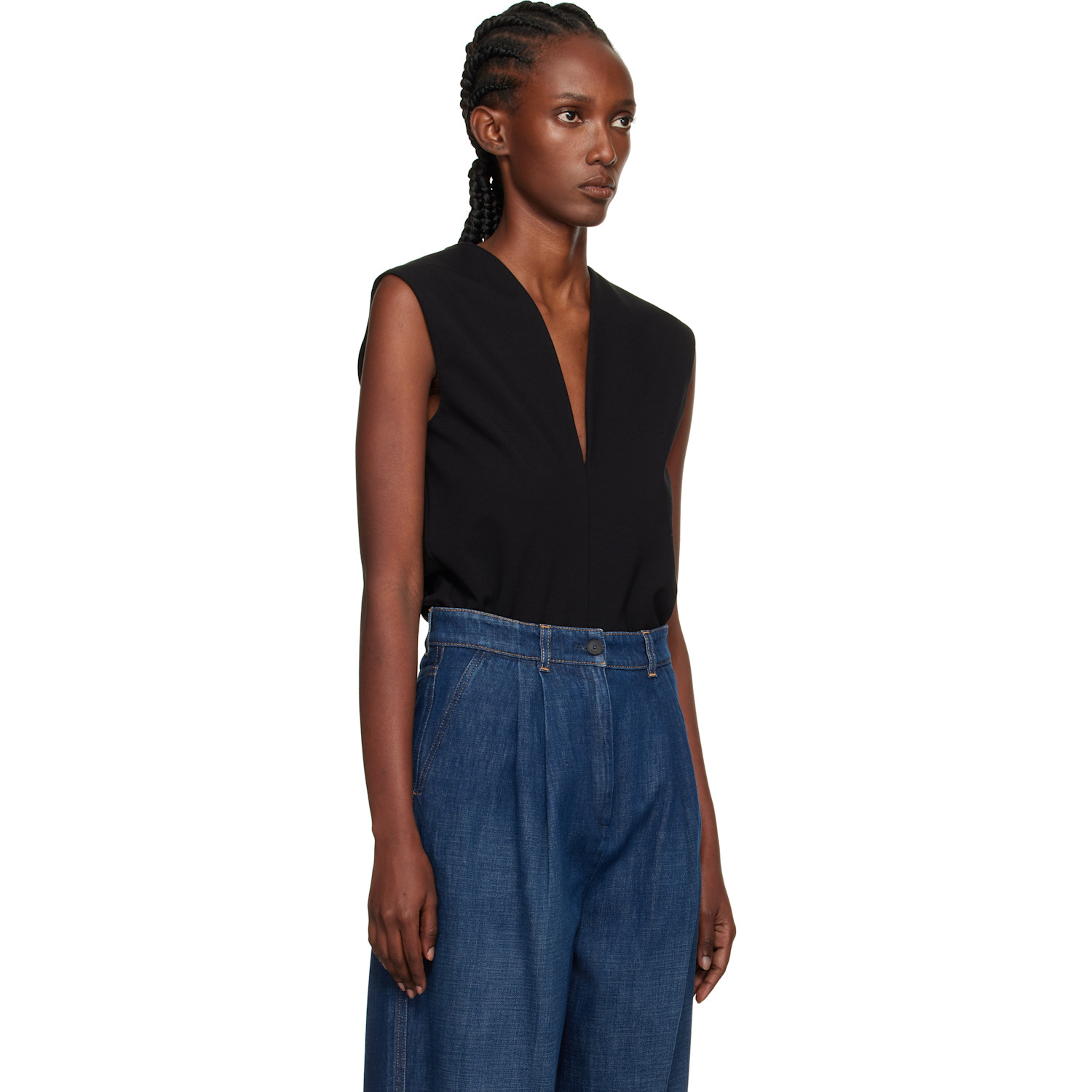  Lanvin Black Jersey Plunging Neckline Top 