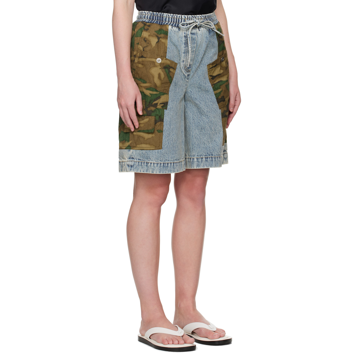  3.1 Phillip Lim Blue & Khaki Patchwork Camo Basketball Denim Cargo Shorts 