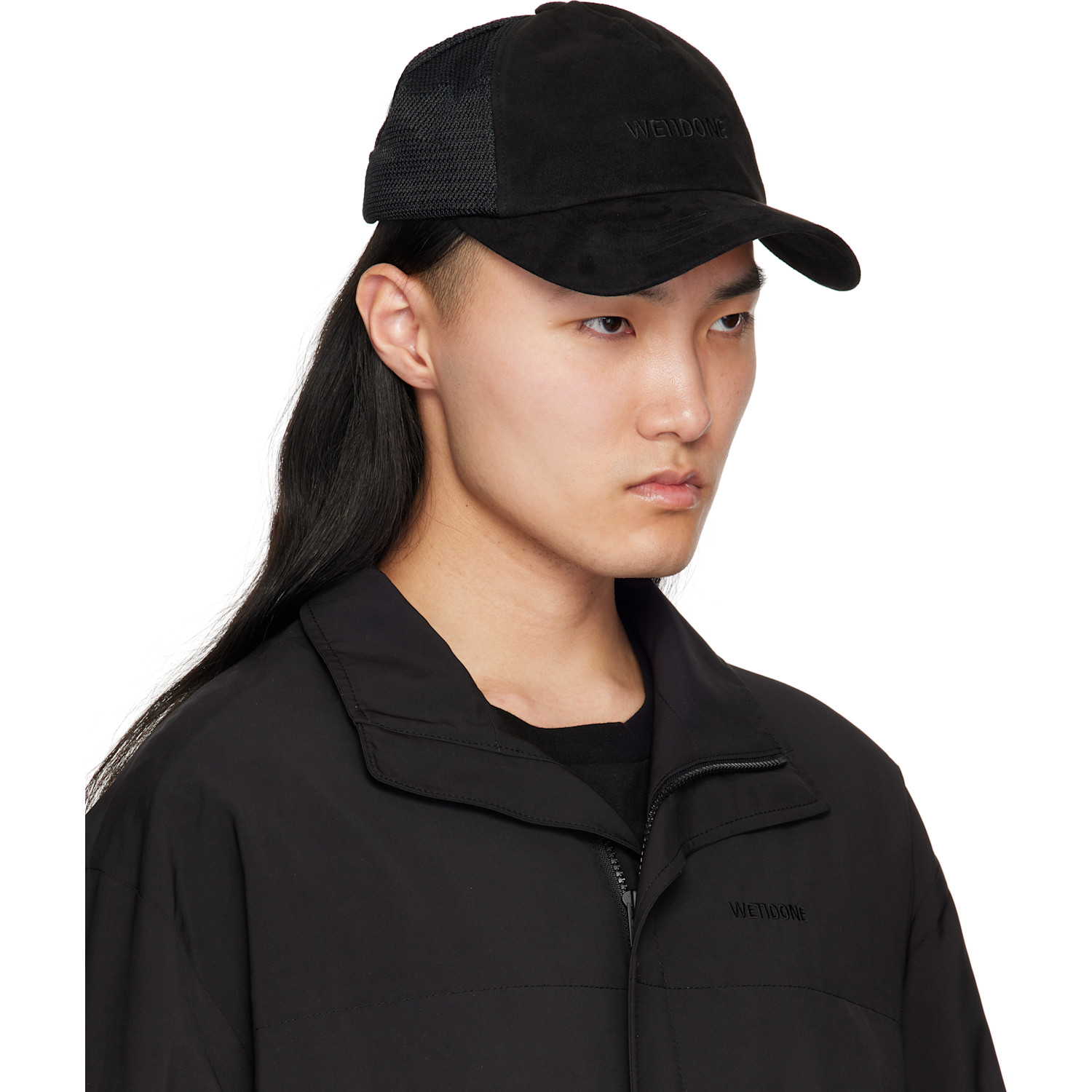  We11done Black Logo Embroidery Suede Cap 