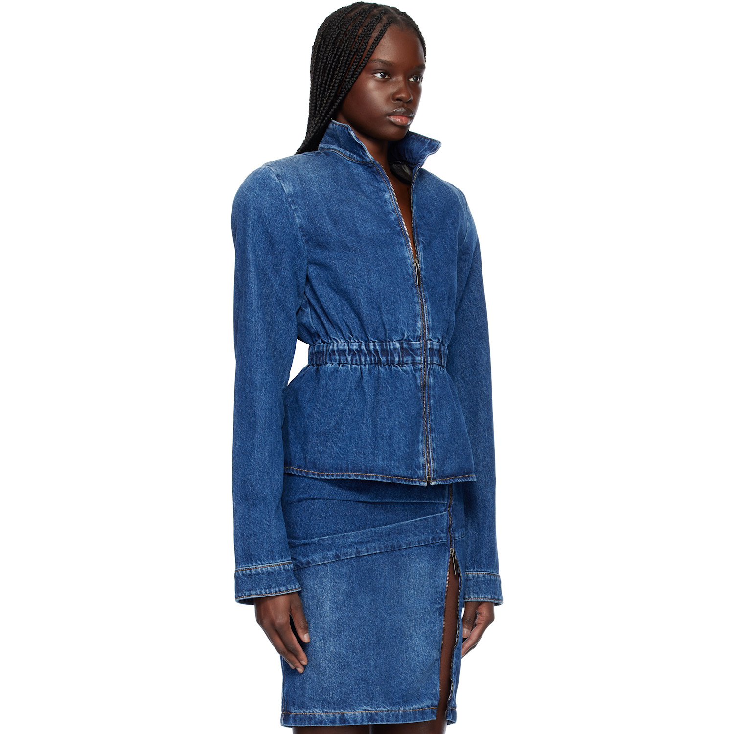  Nensi Dojaka Blue Hayley Peplum Bomber Denim Jacket 