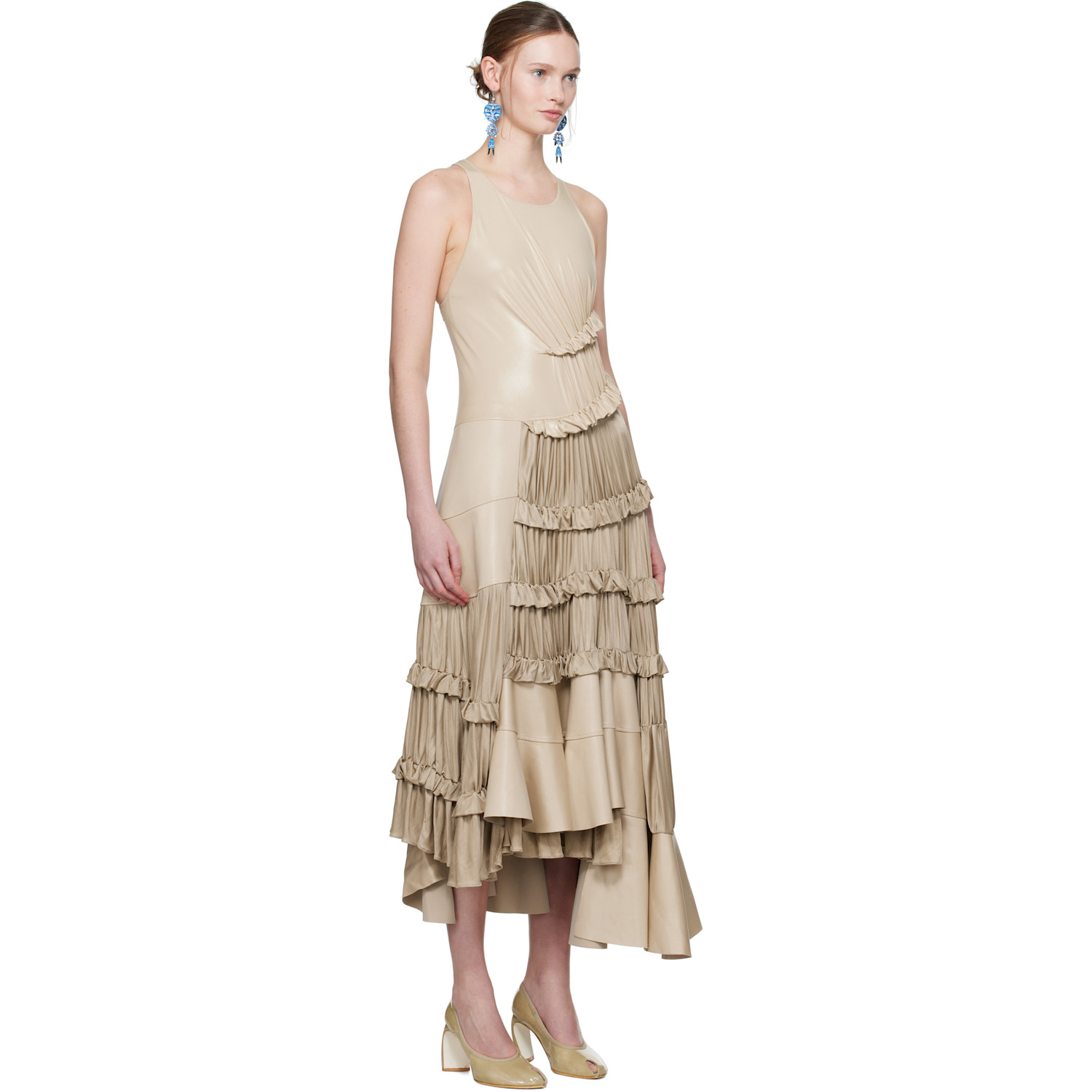  Tory Burch Beige Ruffle Liquid Jersey Midi Dress 