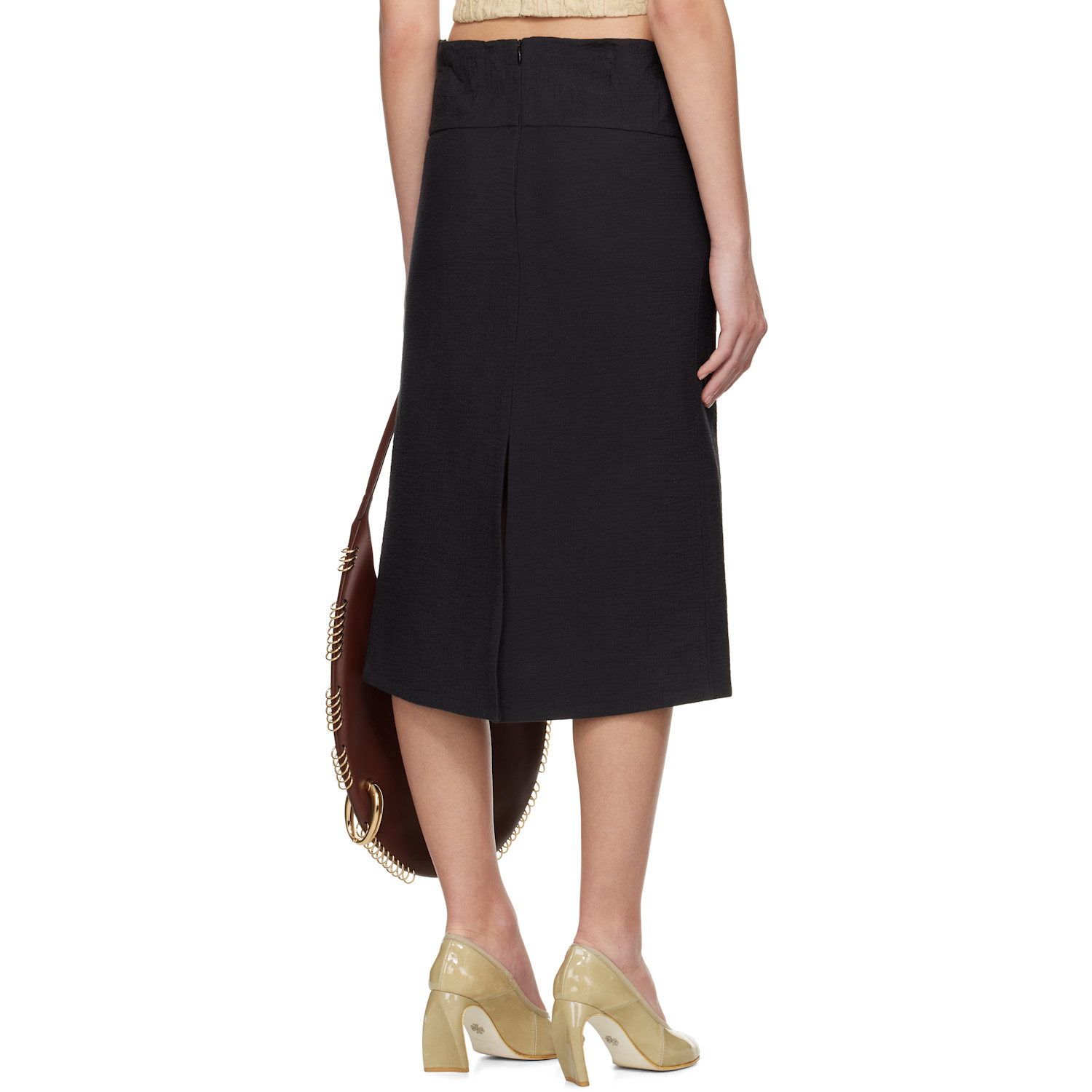  Tory Burch Black Molded Waistband Cotton Midi Skirt 
