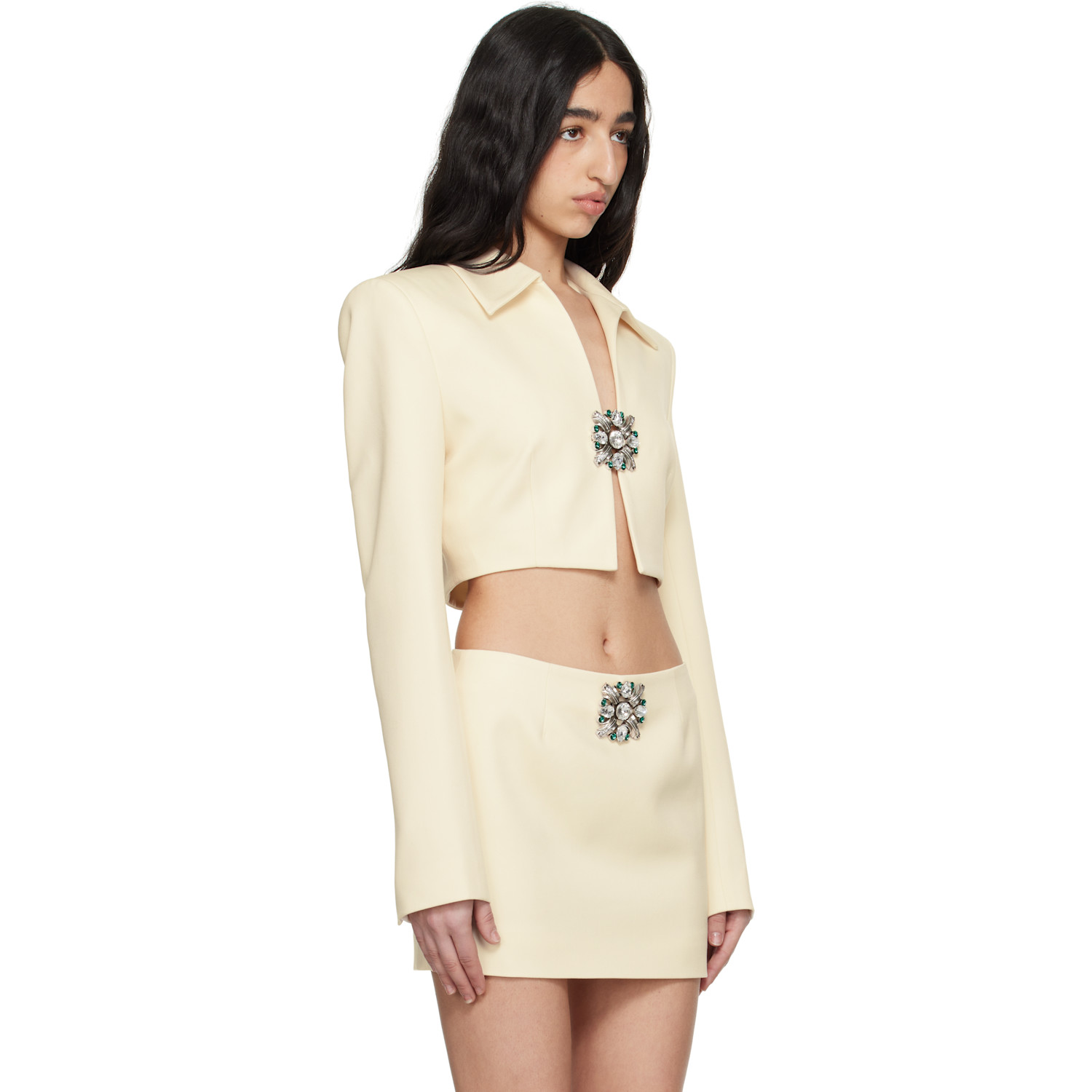  Area Off-white Crystal Brooch Cropped Jacket 
