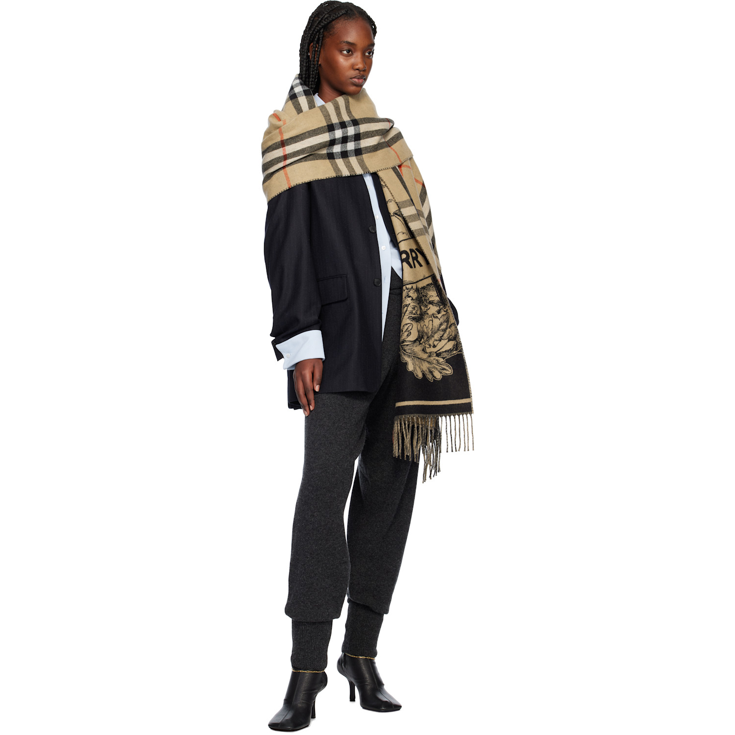  Burberry Beige Reversible Ekd Cashmere Scarf 