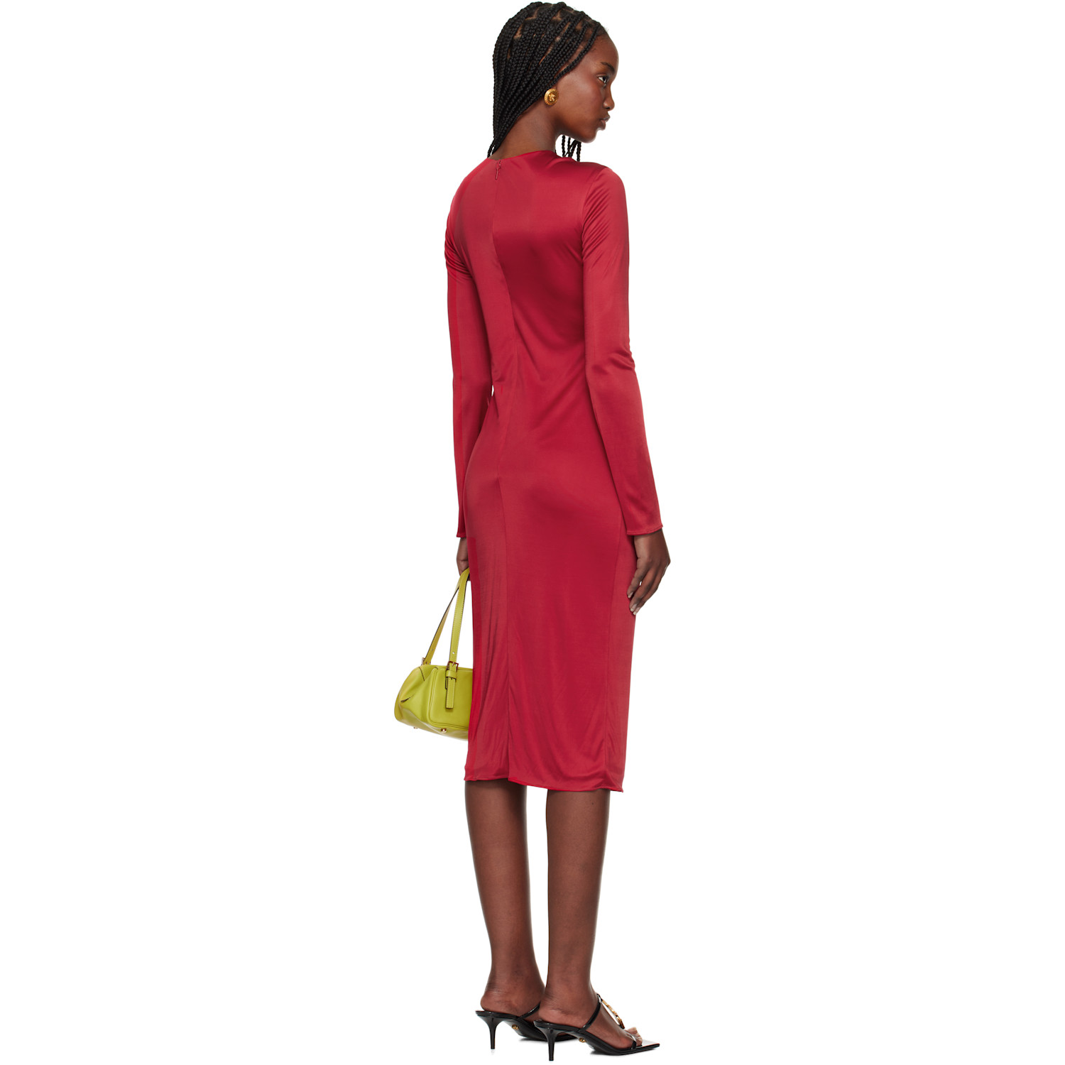  Versace Red Safety Pin Gathered Fitted Midi Dress 