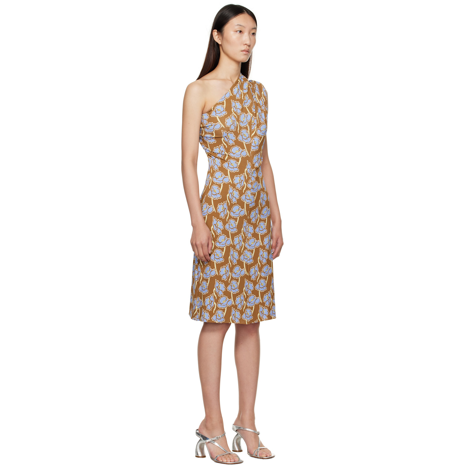  Versace Multicolor Poppies One-shoulder Midi Dress 