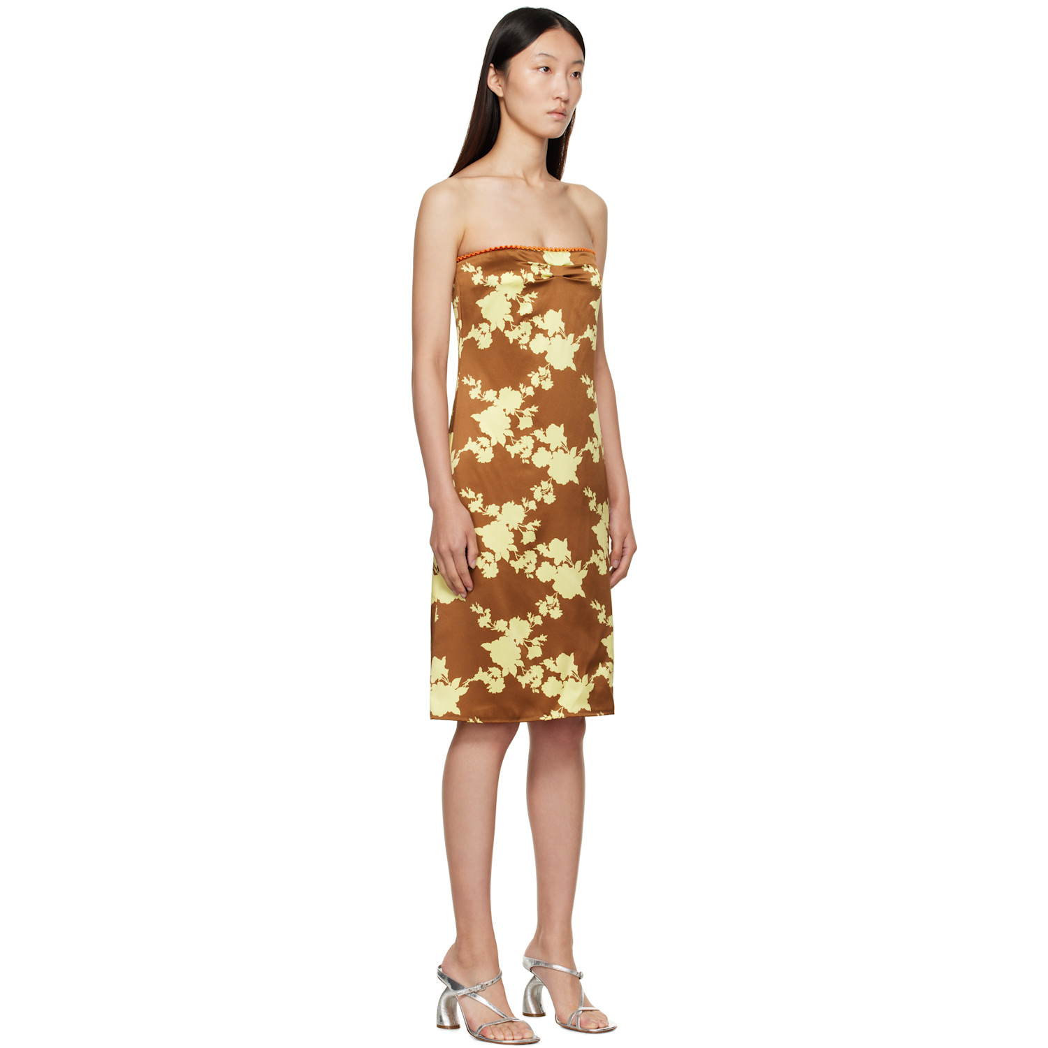  Versace Brown & Yellow Wild Roses Strapless Midi Dress 