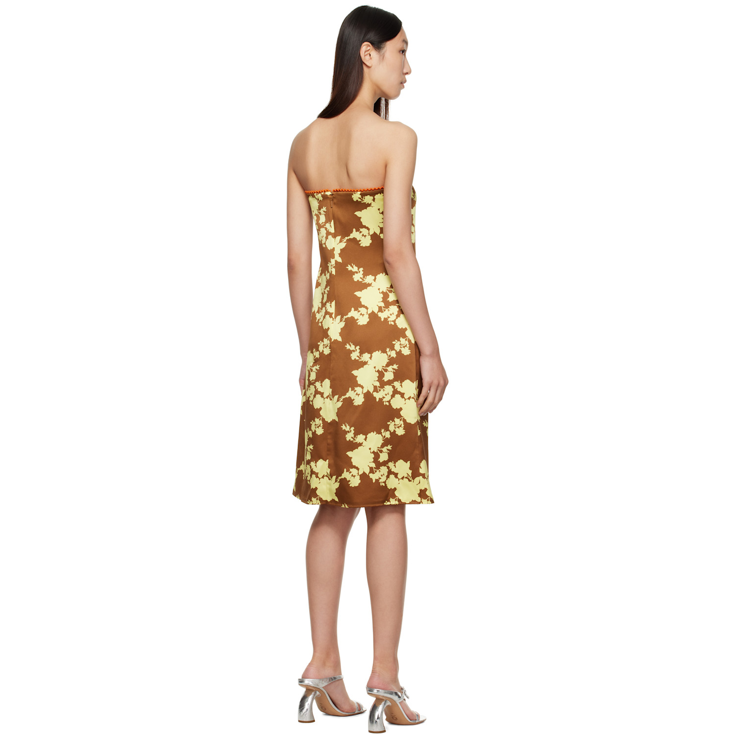  Versace Brown & Yellow Wild Roses Strapless Midi Dress 