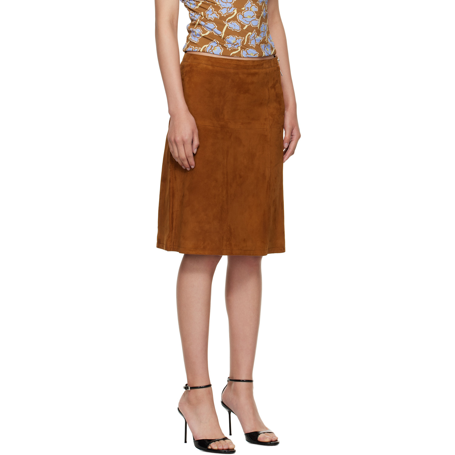  Versace Brown Zip Suede Midi Skirt 