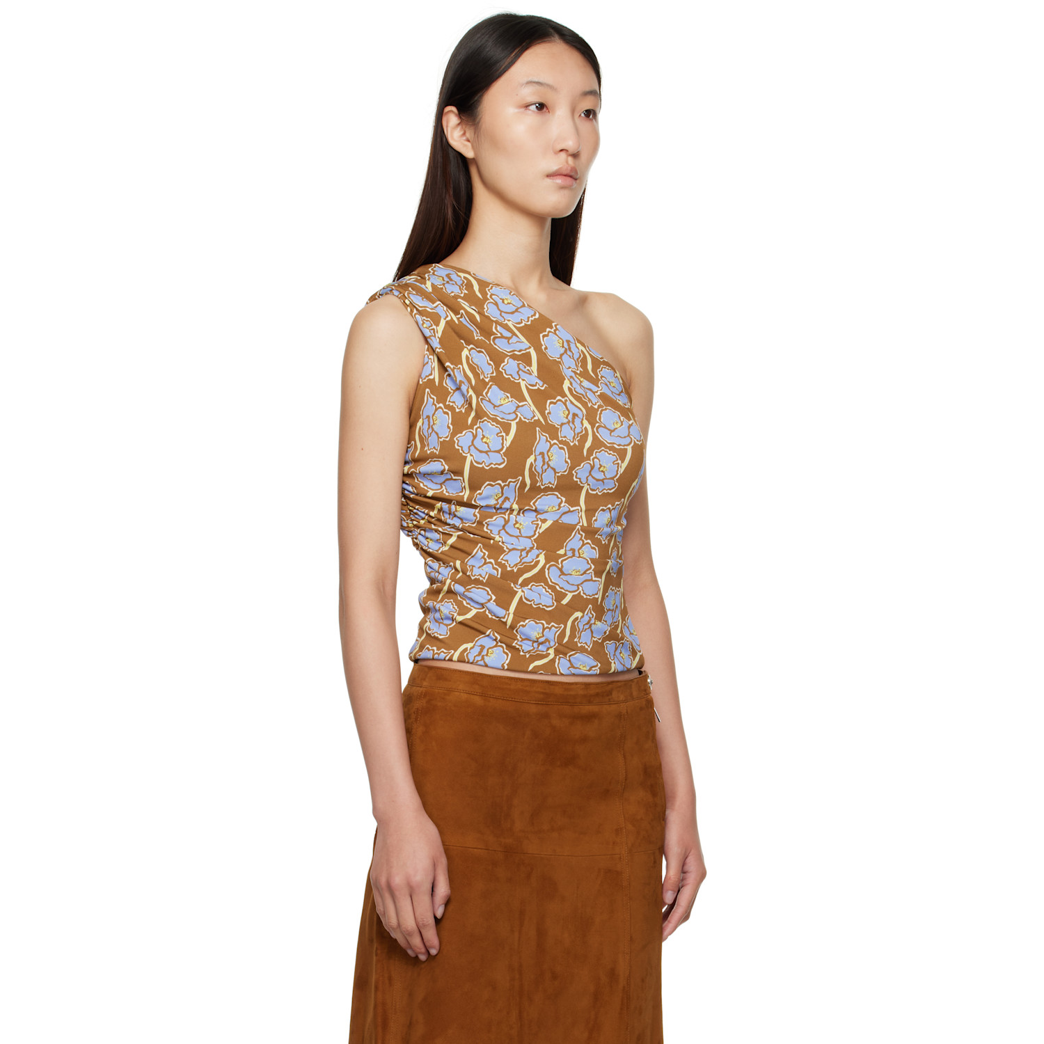  Versace Multicolor Poppies Gathered One-shoulder Top 