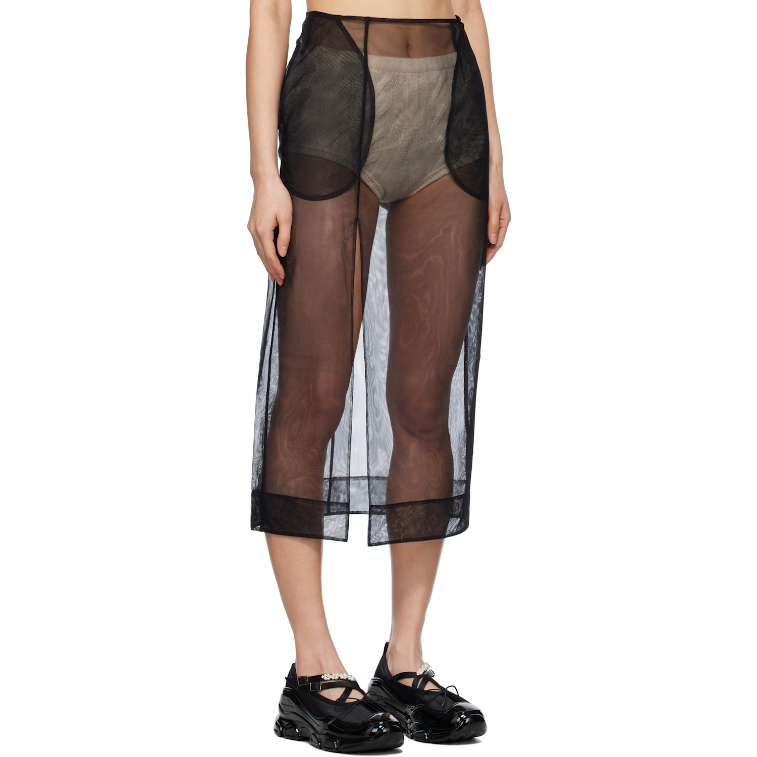  Simone Rocha Black Sheer Slit Pencil Midi Skirt 