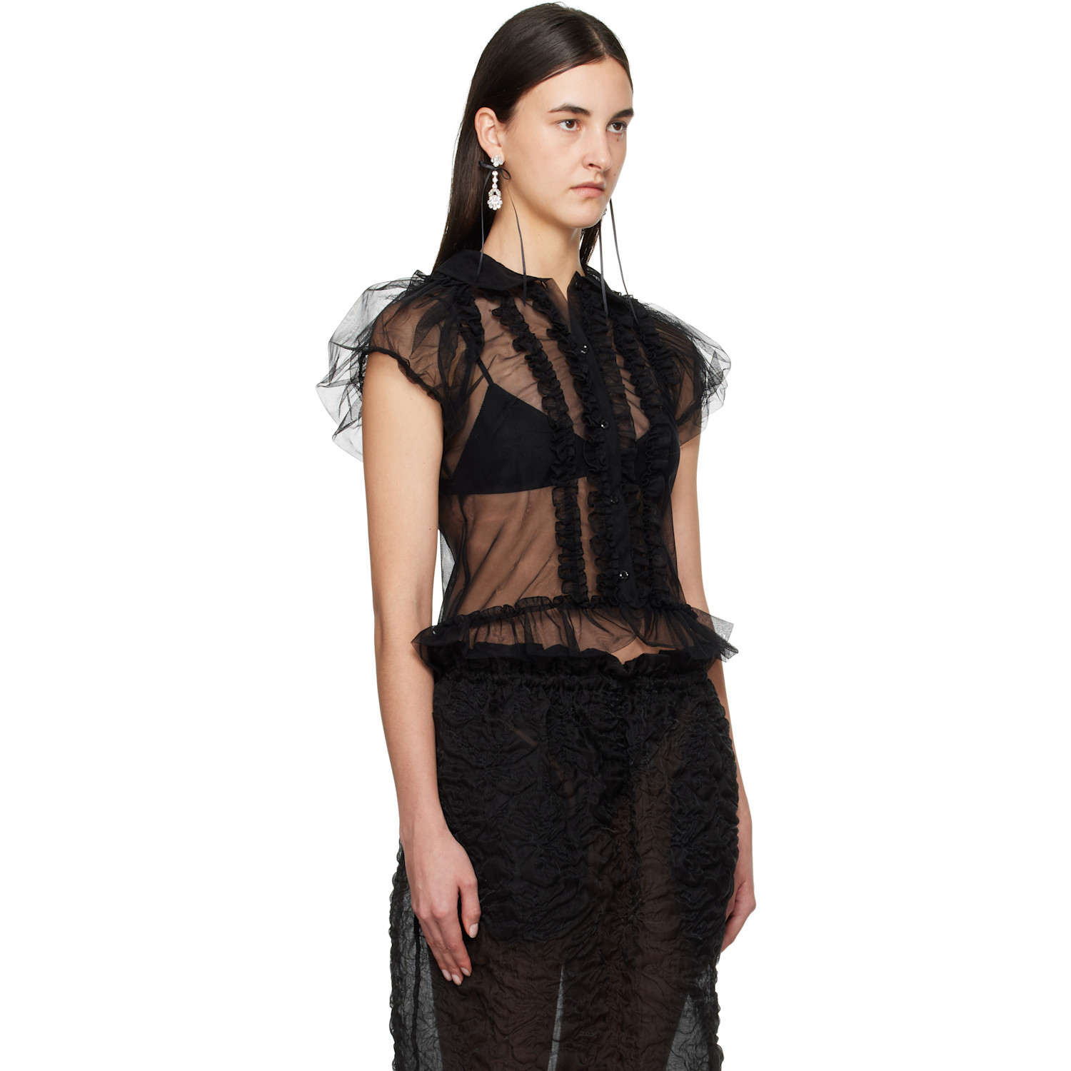  Simone Rocha Black Sheer Puff Sleeve Multi Ruffle Frill Shirt 