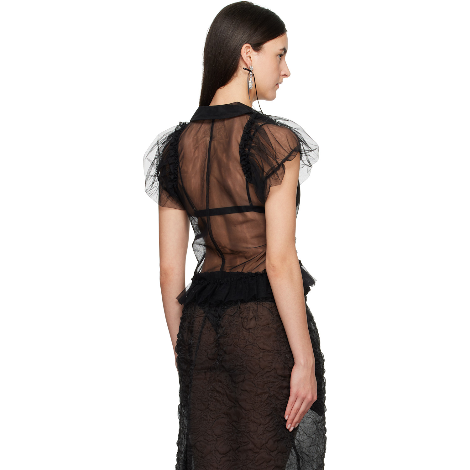  Simone Rocha Black Sheer Puff Sleeve Multi Ruffle Frill Shirt 