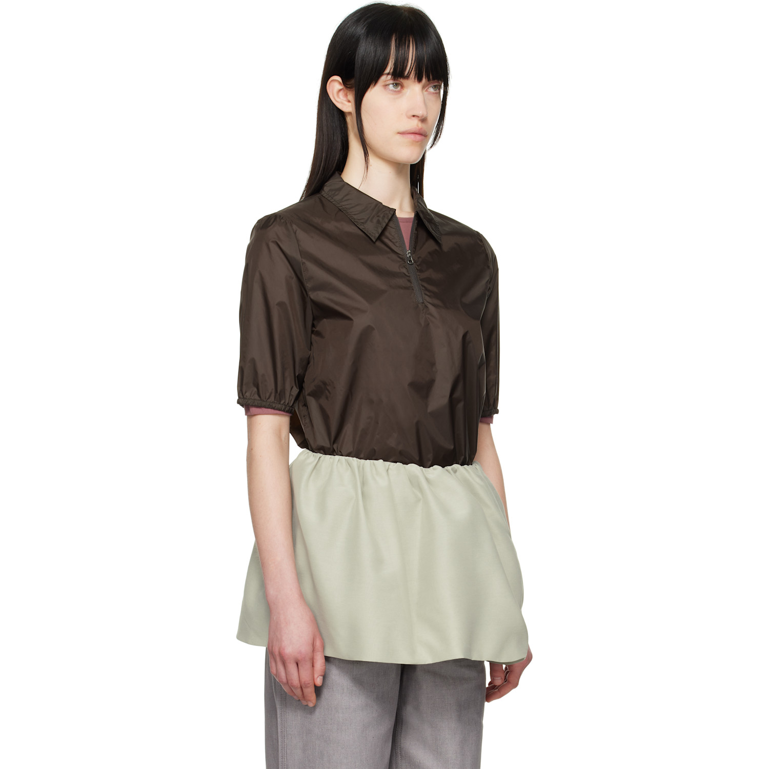  Amomento Brown Sheer Half Zip-up Polo 