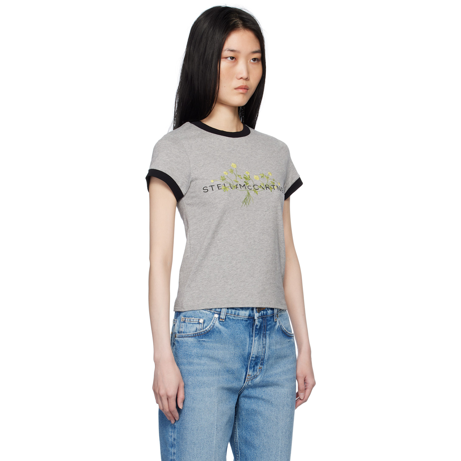  Stella Mccartney Gray Logo Floral Embroidered T-shirt 