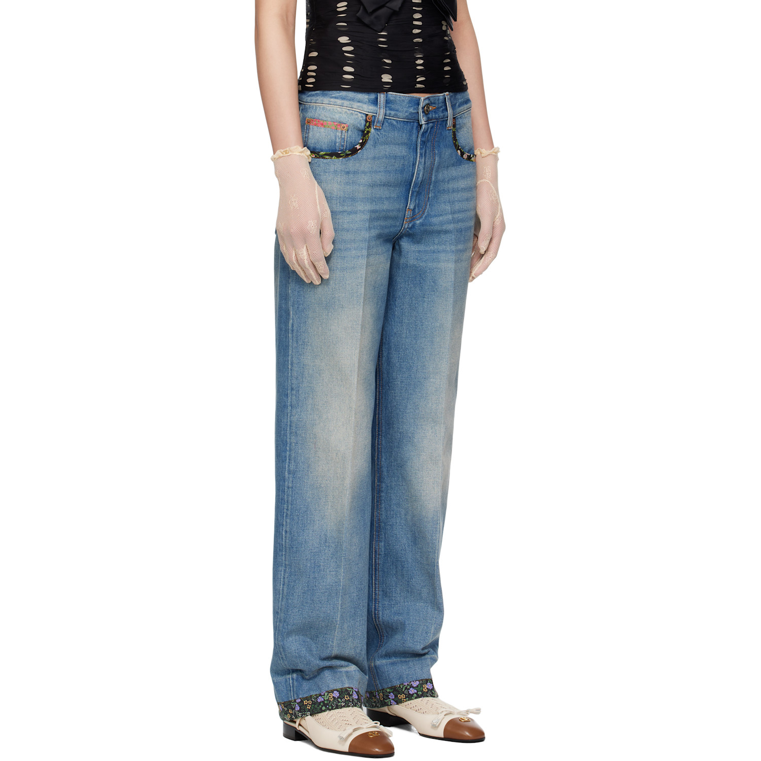  Valentino Blue Floral Print Hem Jeans 