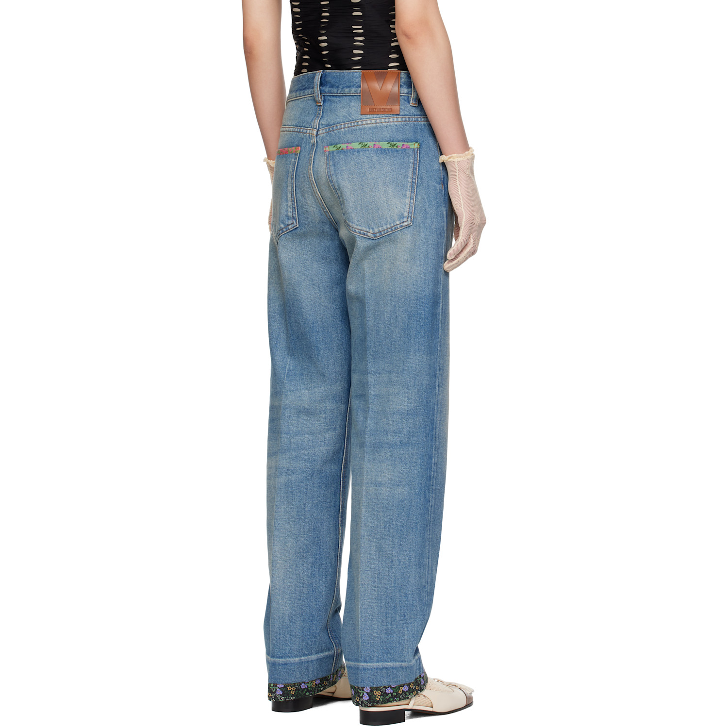  Valentino Blue Floral Print Hem Jeans 