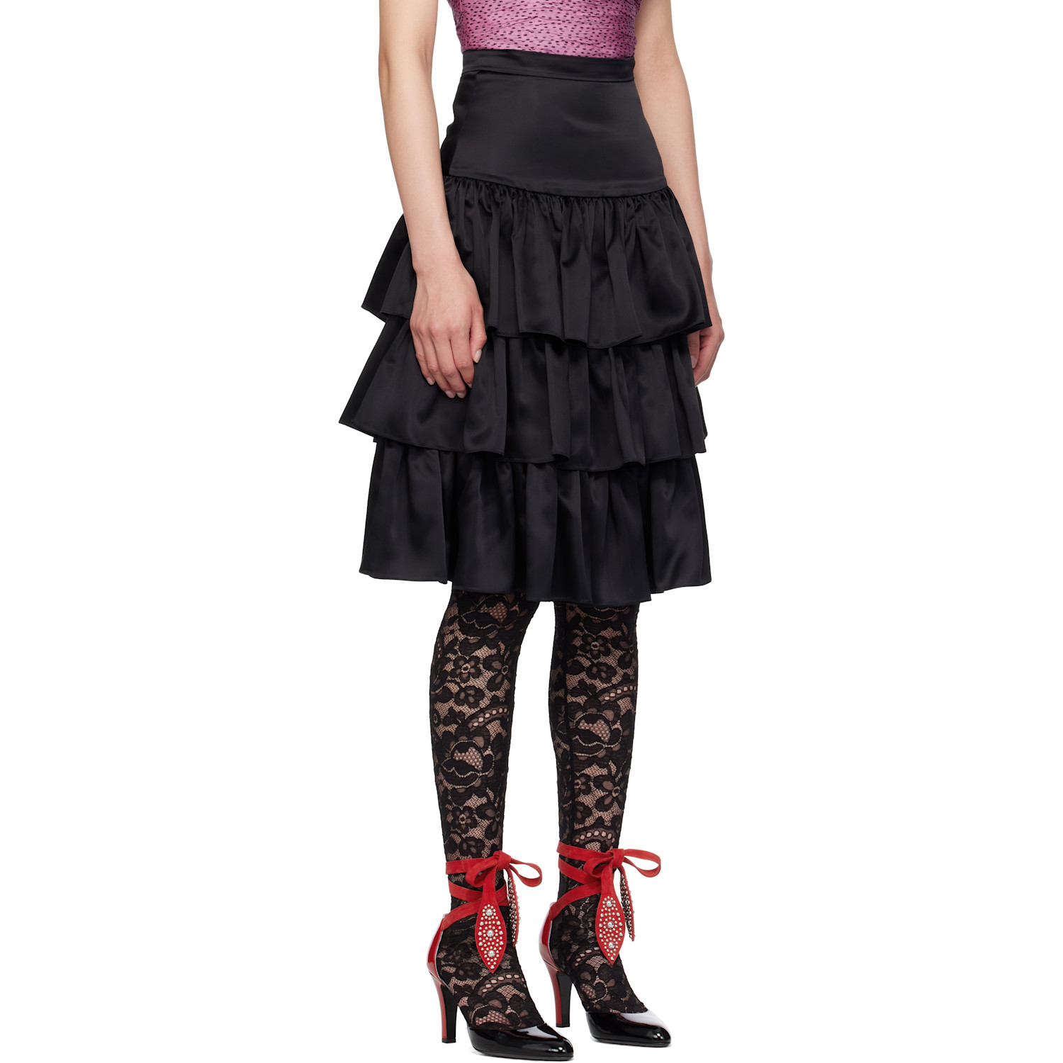  Valentino Black Satin Ruffle Midi Skirt 