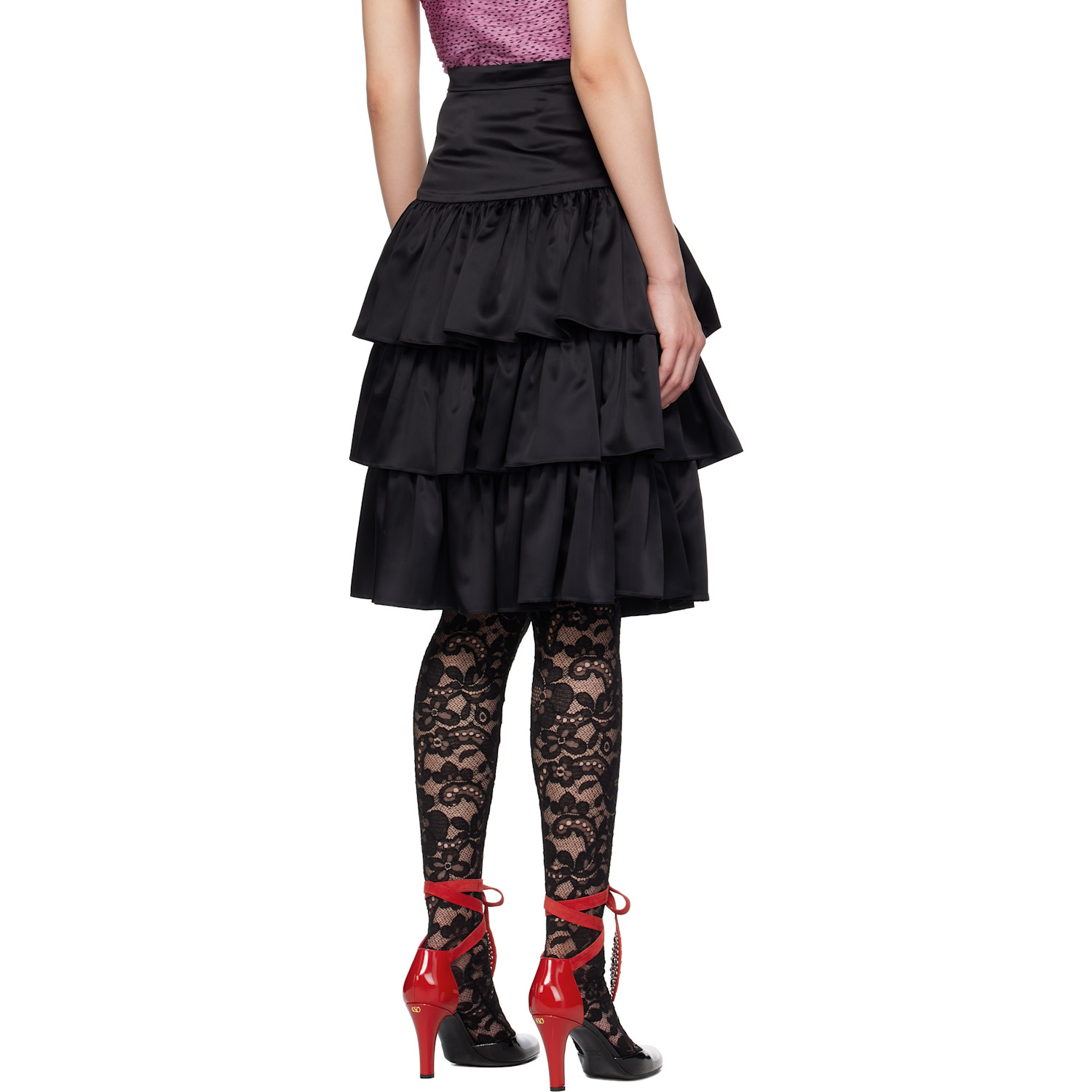  Valentino Black Satin Ruffle Midi Skirt 