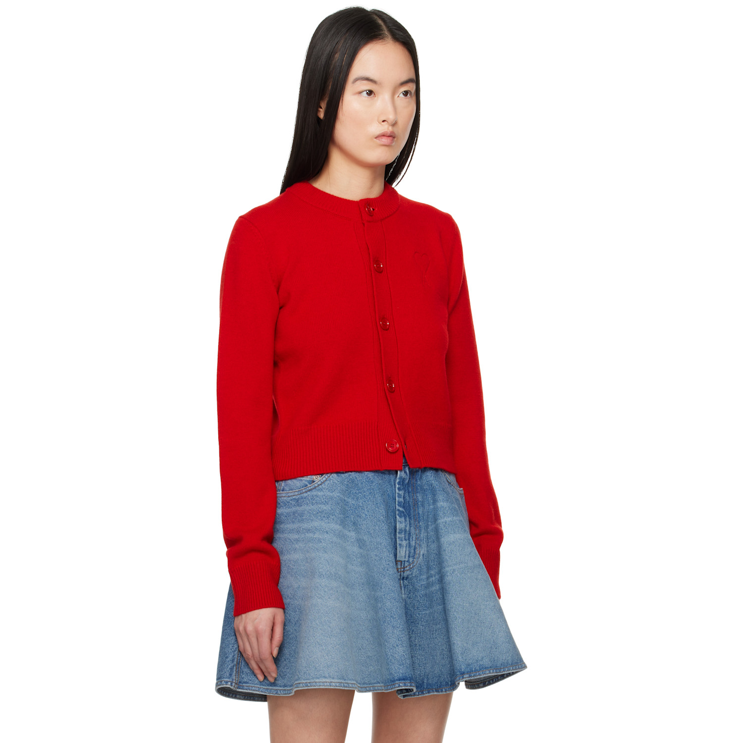  Ami Paris Red Wool Knit Ami De Coeur Crewneck Cardigan 