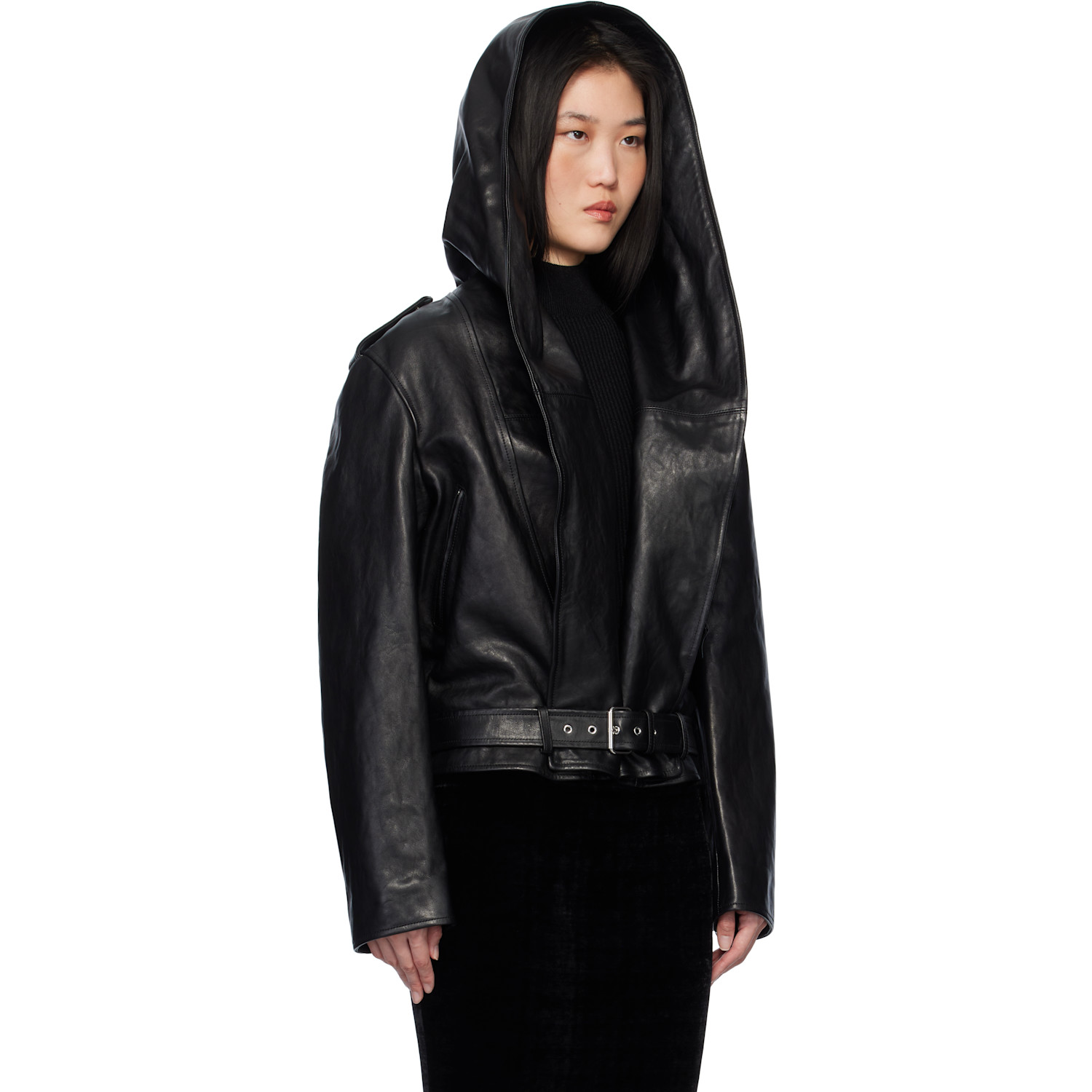  Alaïa Black Hooded Biker Leather Jacket 