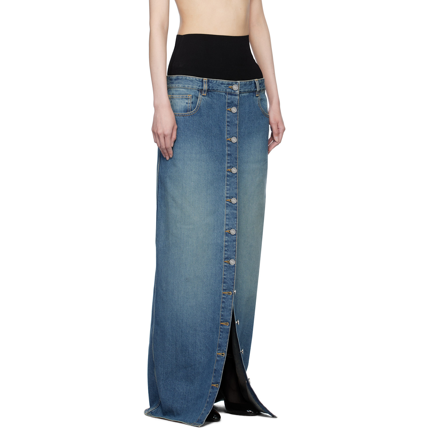  Alaïa Blue Knitted Waistband Denim Maxi Skirt 