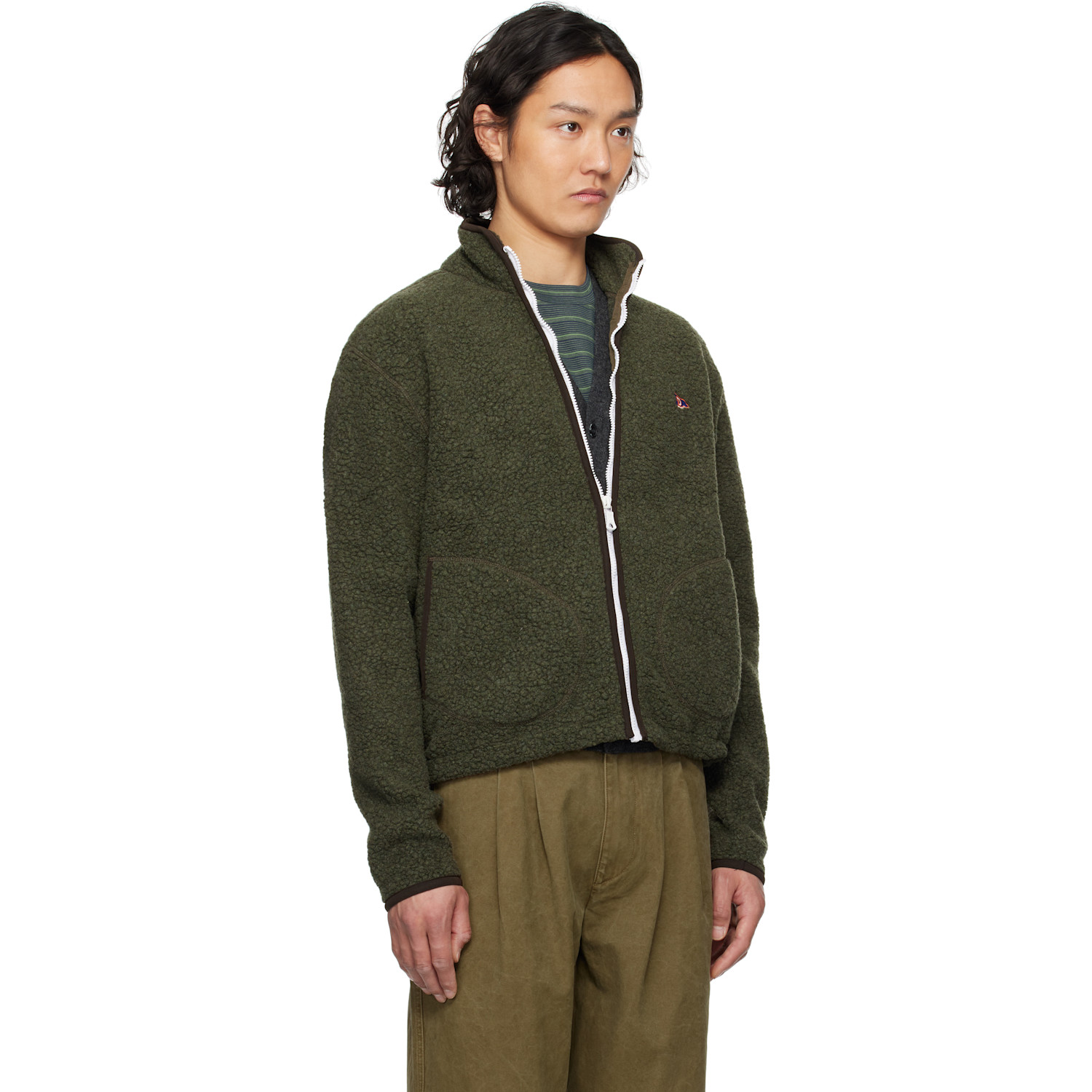  Drake's Green Boucle Wool Zip Fleece Jacket 