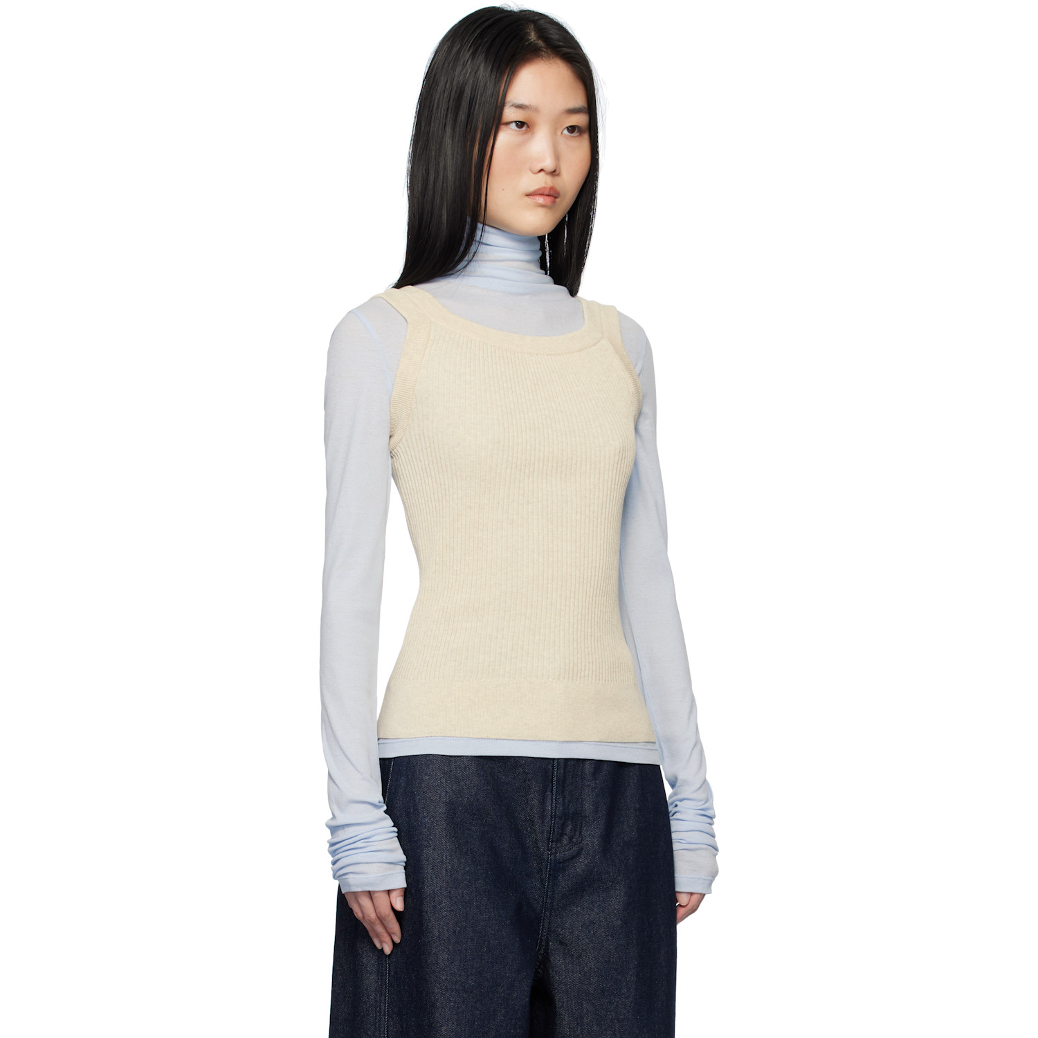  Le17septembre Beige Ribbed Scoop Neck Tank Top 
