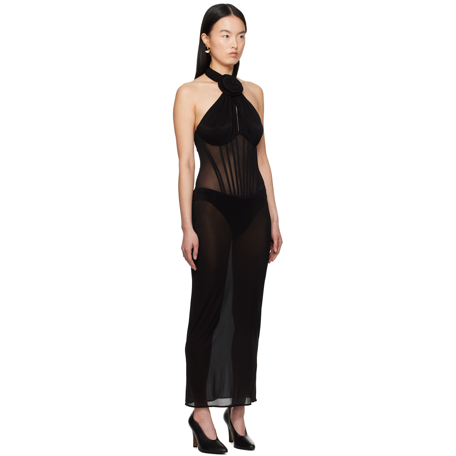  Magda Butrym Black Sheer Halter Bustier Midi Dress 