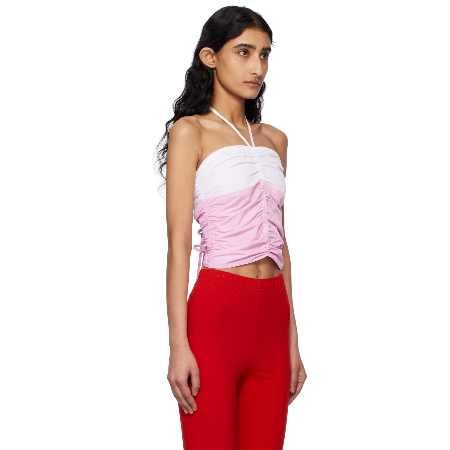  Kijun Pink & Off-white Shirring Halter Top 