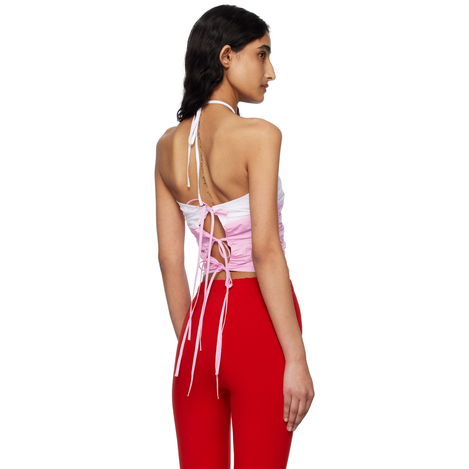  Kijun Pink & Off-white Shirring Halter Top 
