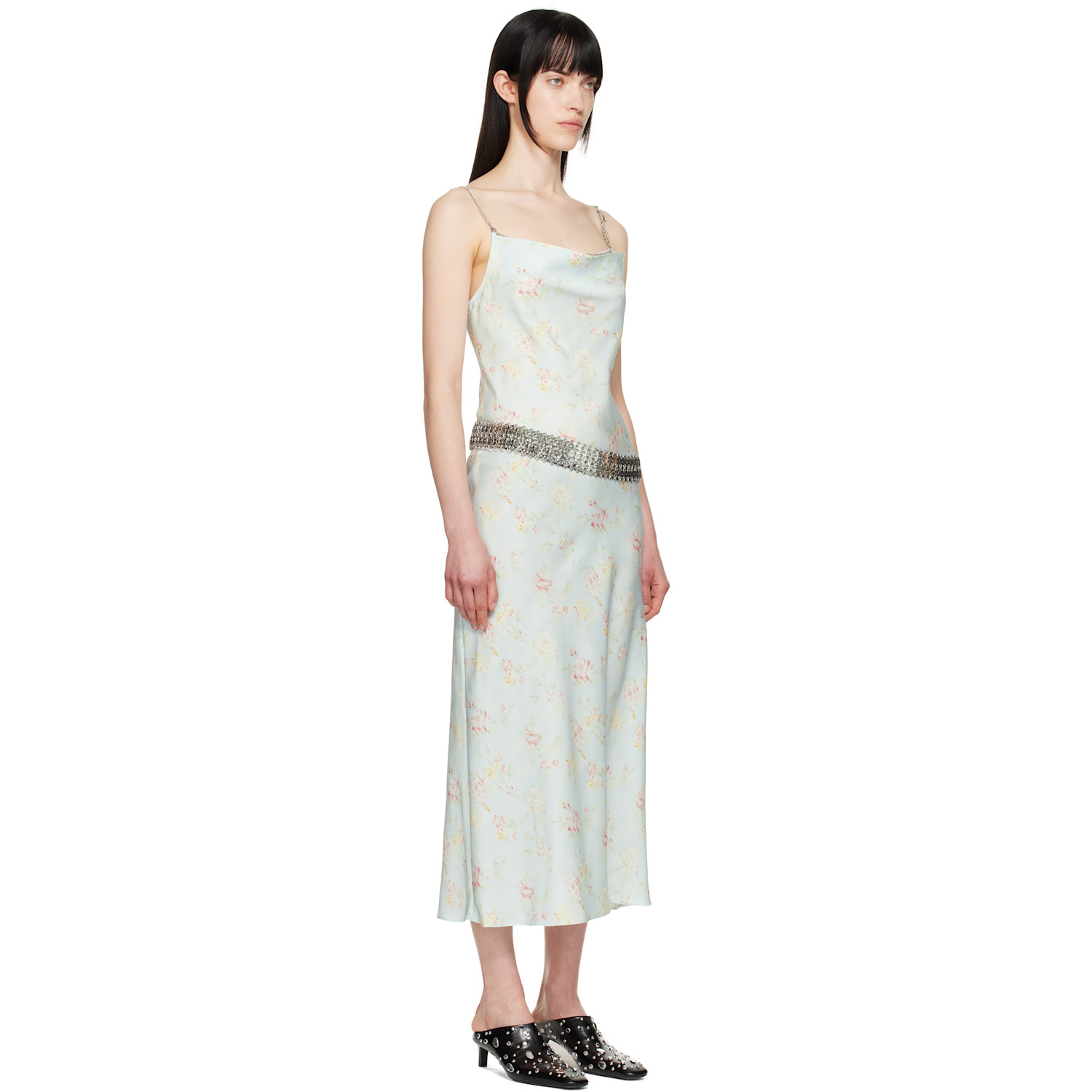  Rabanne Blue Double Satin Printed Midi Dress 