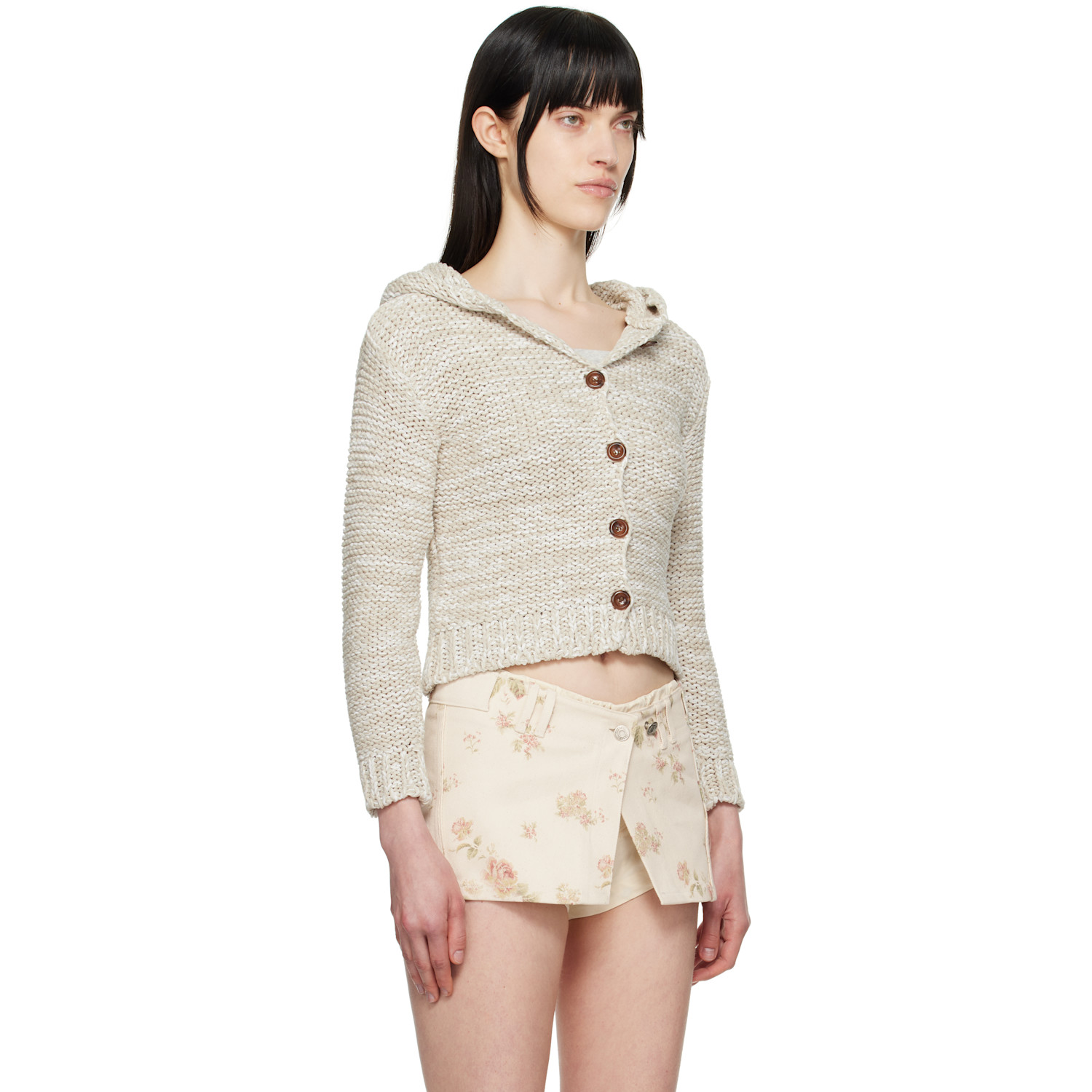  Open Yy Beige Hooded Chunky Cardigan 