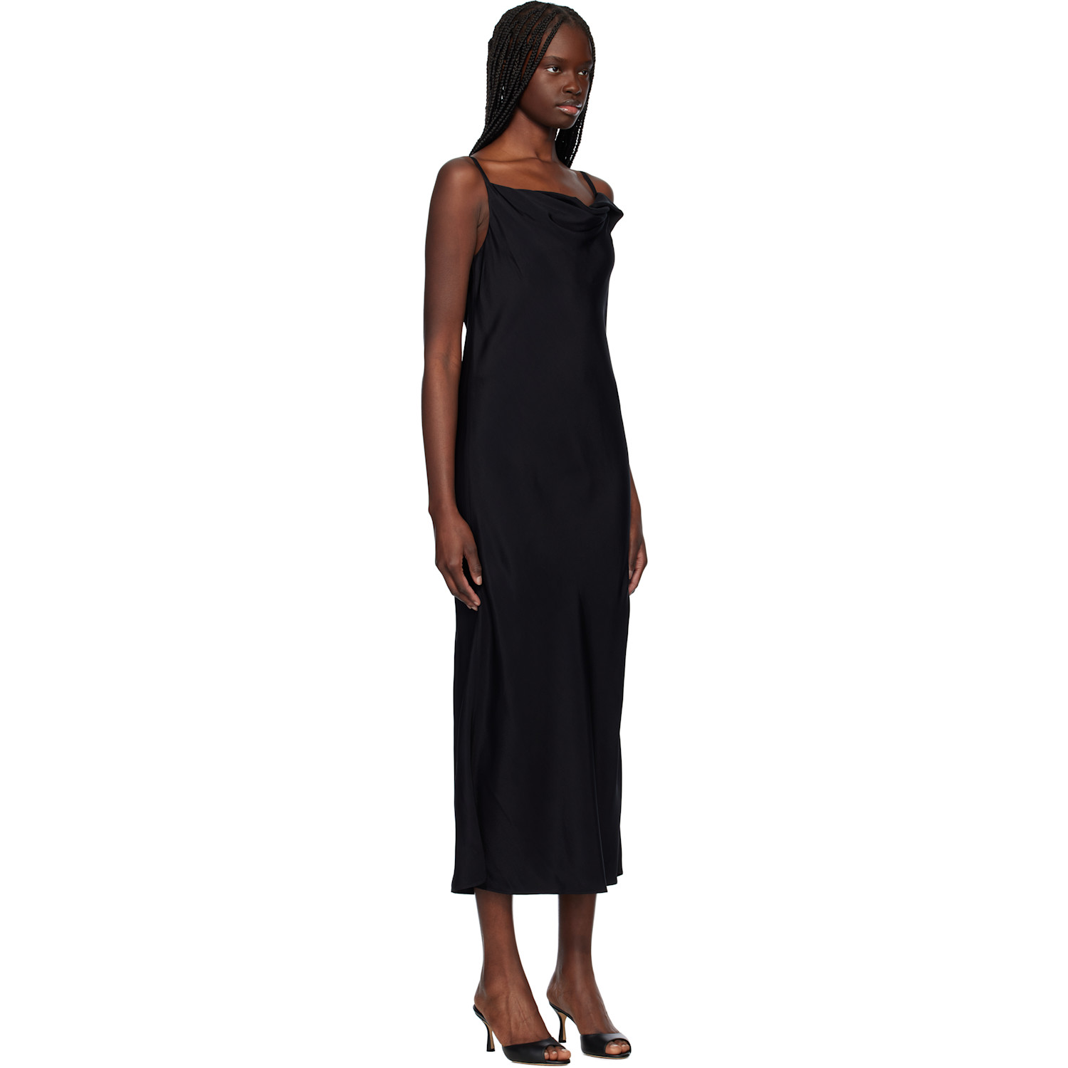 Recto Black Drapery Neckline Slip Midi Dress 