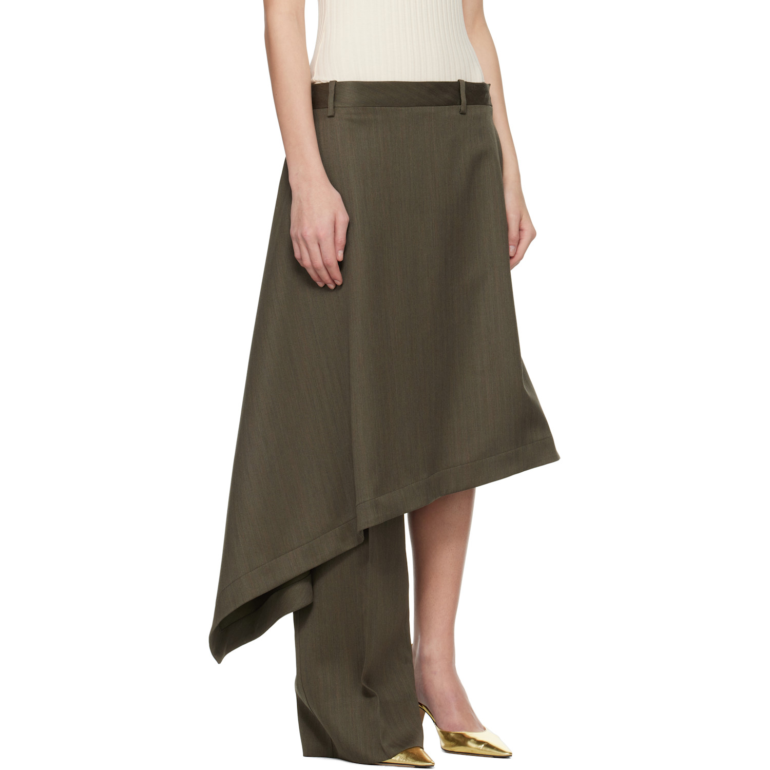 Bottega Veneta Khaki Wool Subtle Stripe Skirt Trousers 