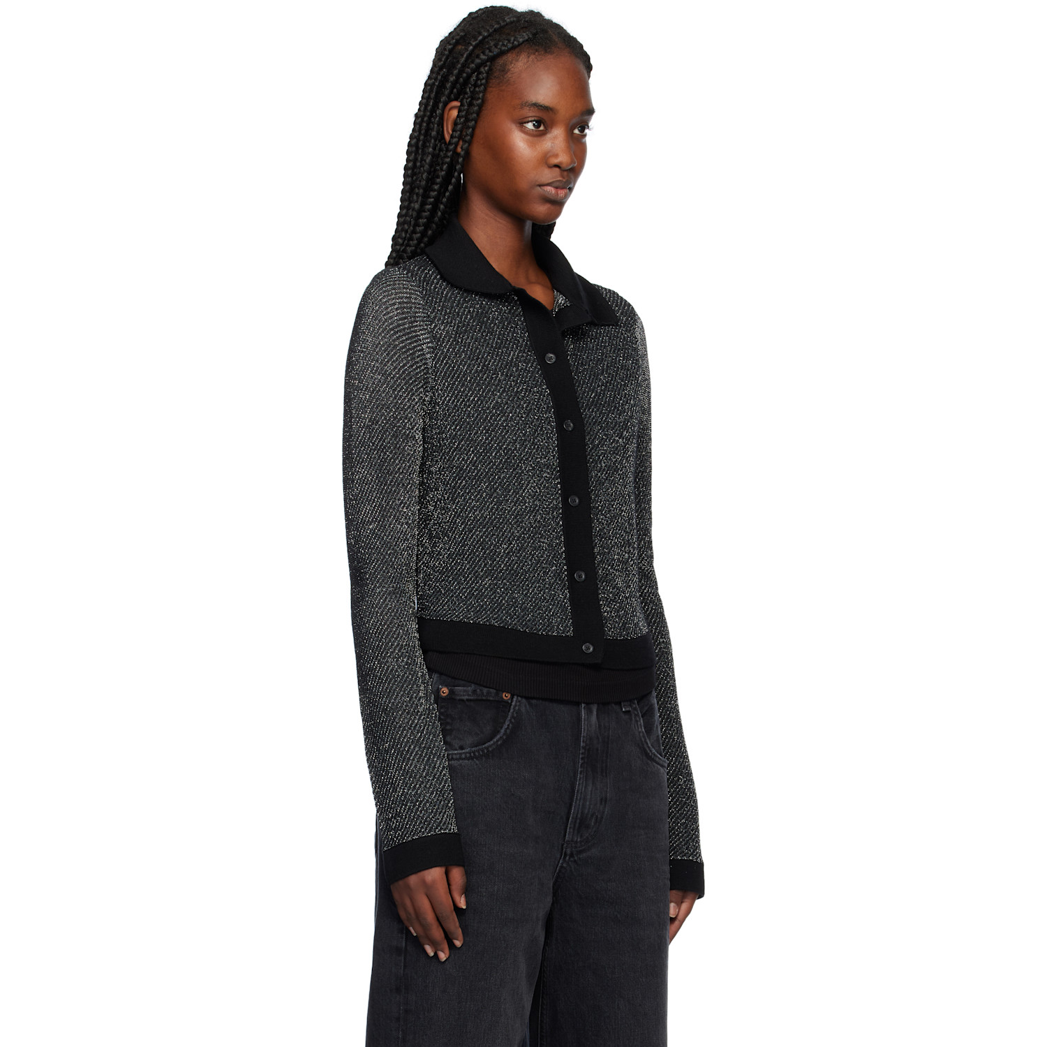  Re/done Black & Silver Lurex Polo Cardigan 