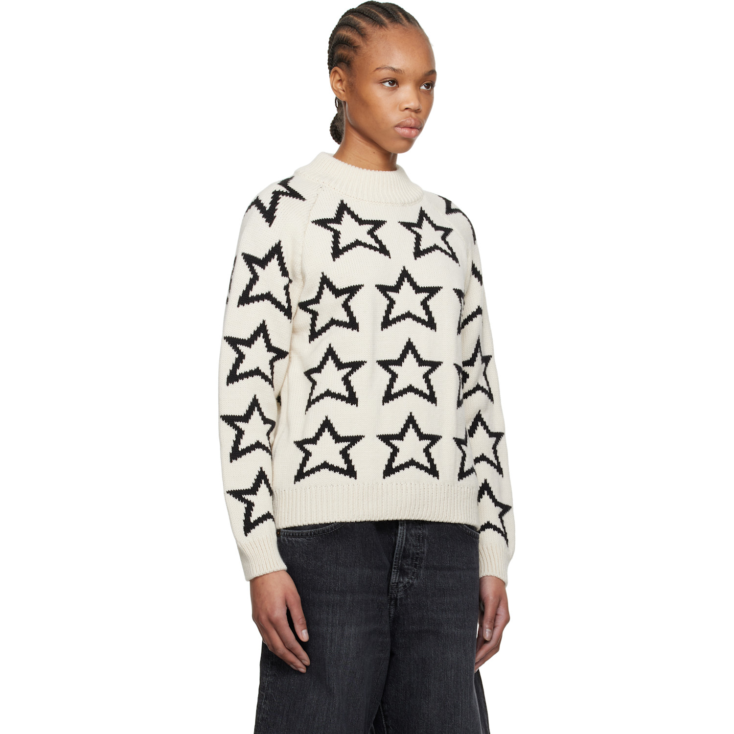  Re/done Beige & Black Mock Neck Star Sweater 