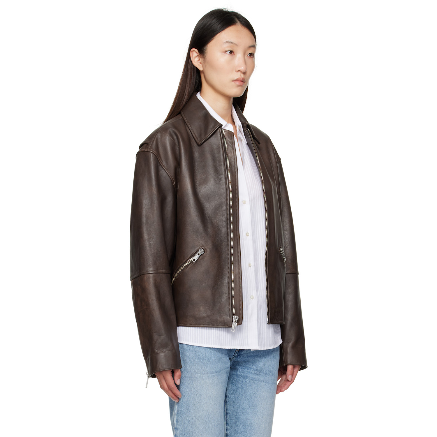  Calvin Klein Brown Biker Distressed Leather Jacket 