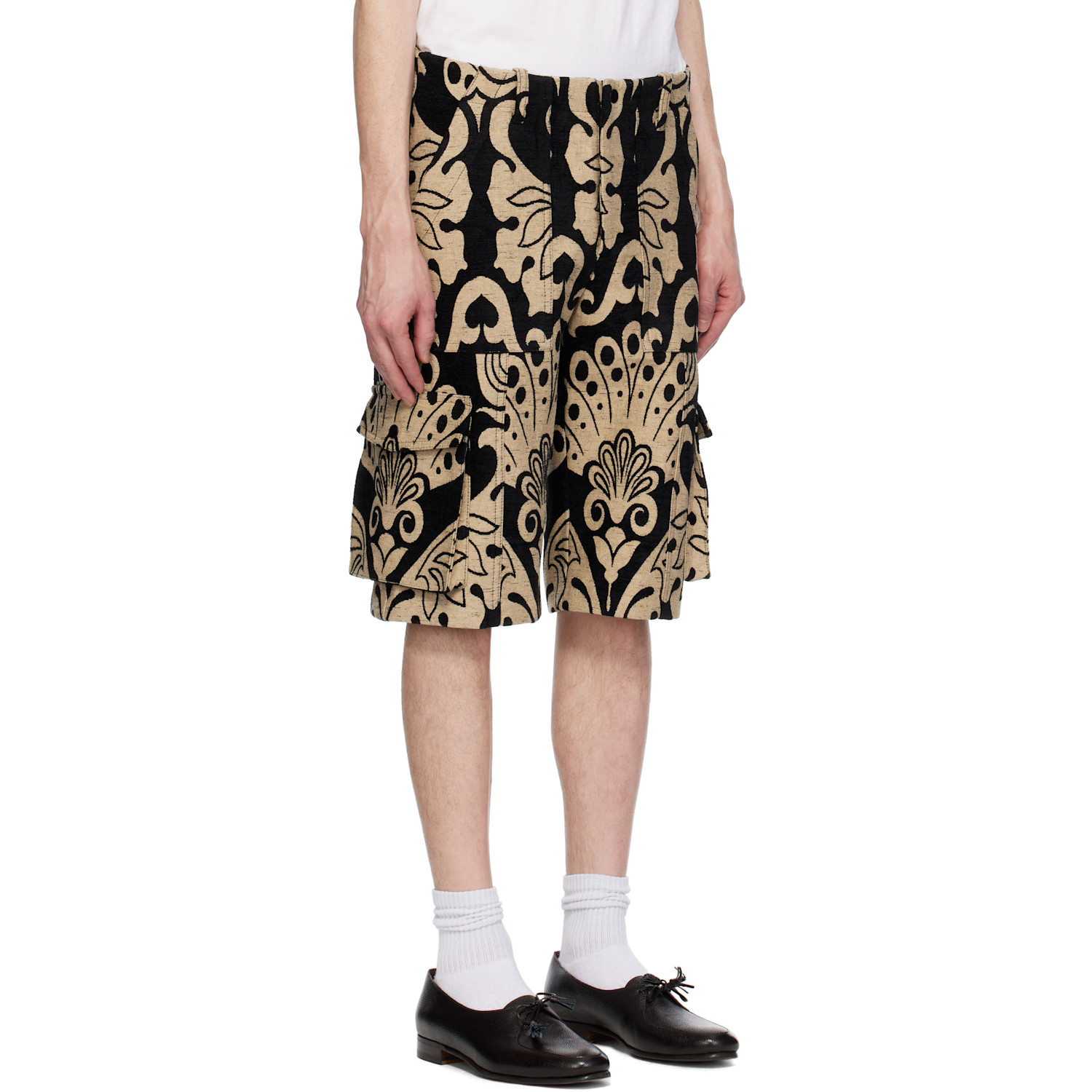  Anna Sui Black & Beige Beardsley Tapestry Cargo Shorts 