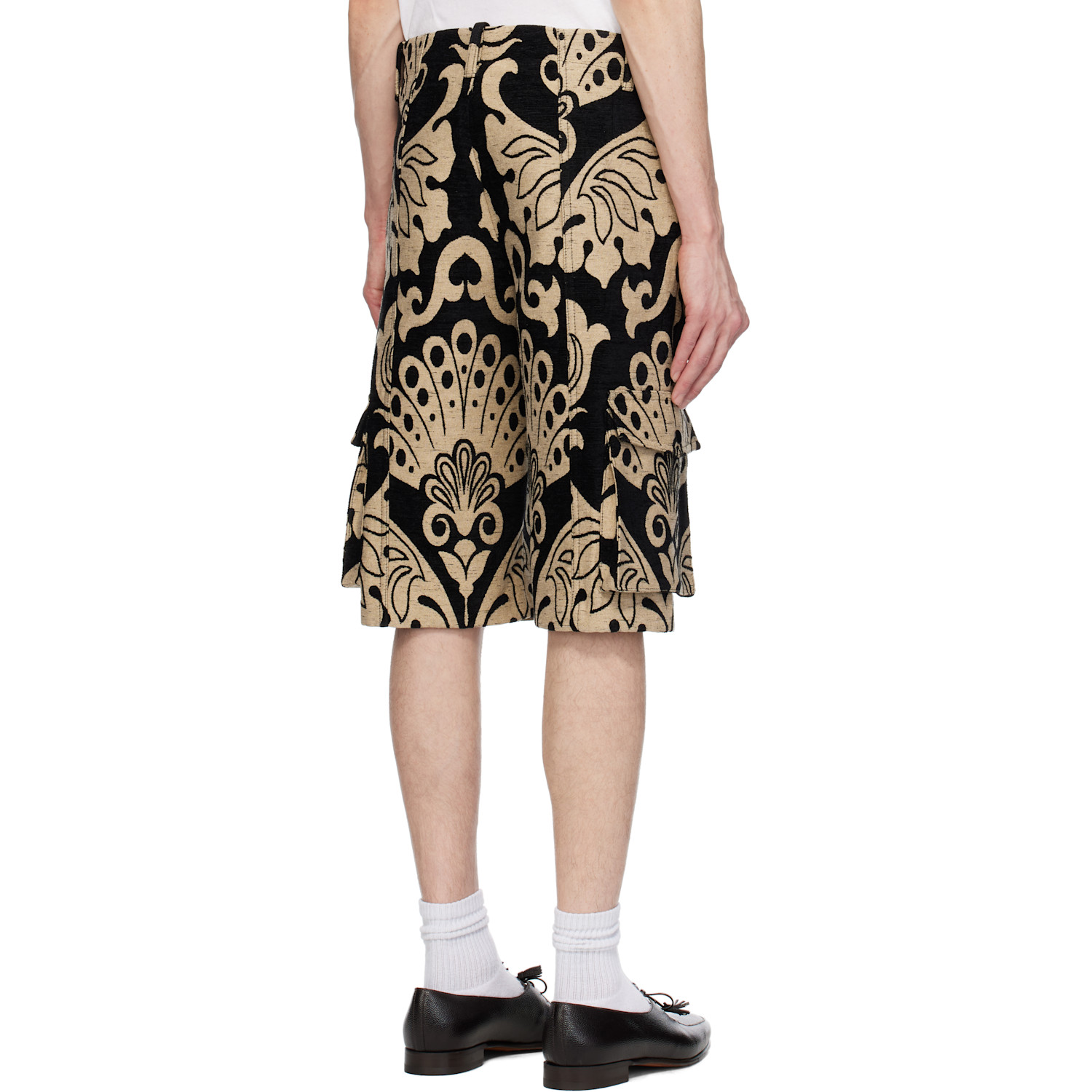  Anna Sui Black & Beige Beardsley Tapestry Cargo Shorts 