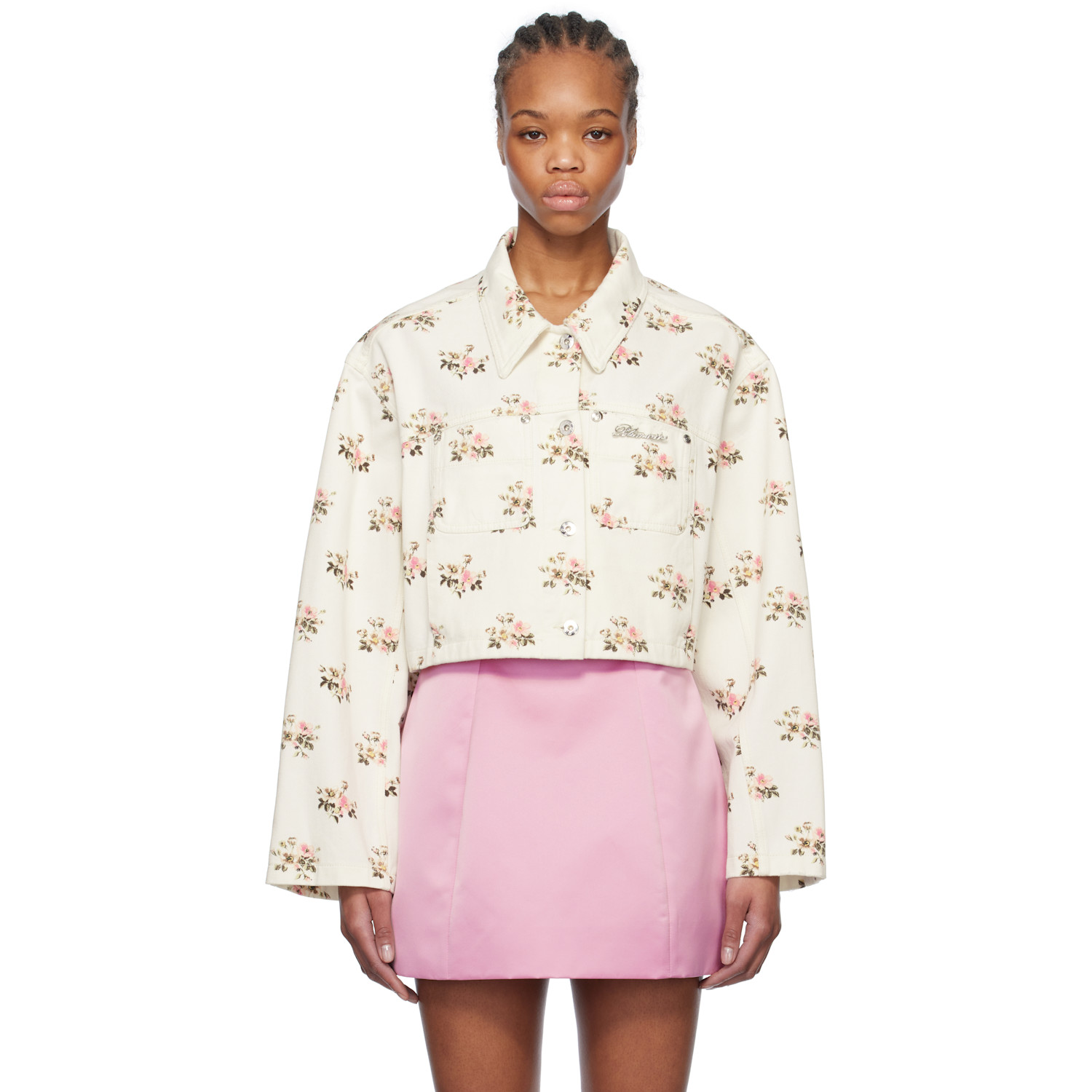 Blumarine White & Pink Floral Print Rhinestone Pin Denim Jacket