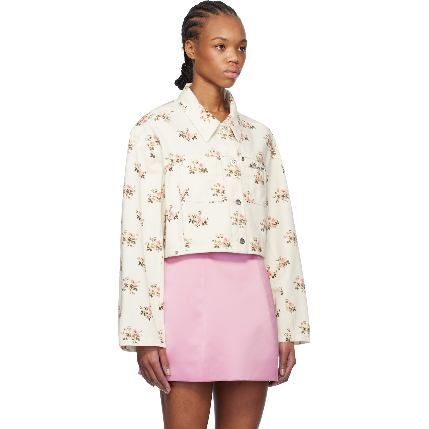  Blumarine White & Pink Floral Print Rhinestone Pin Denim Jacket 