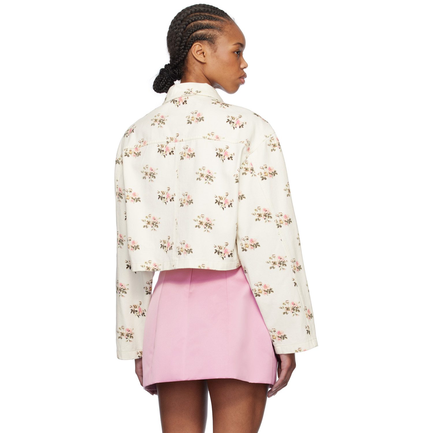  Blumarine White & Pink Floral Print Rhinestone Pin Denim Jacket 