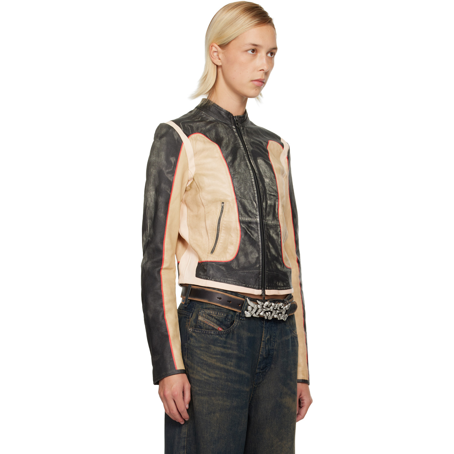  Diesel Black & Beige L-oonie Leather Jacket 