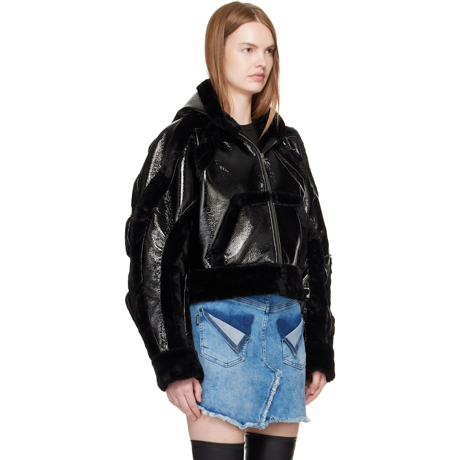  Ottolinger Black Fitted Multiline Faux-fur Jacket 