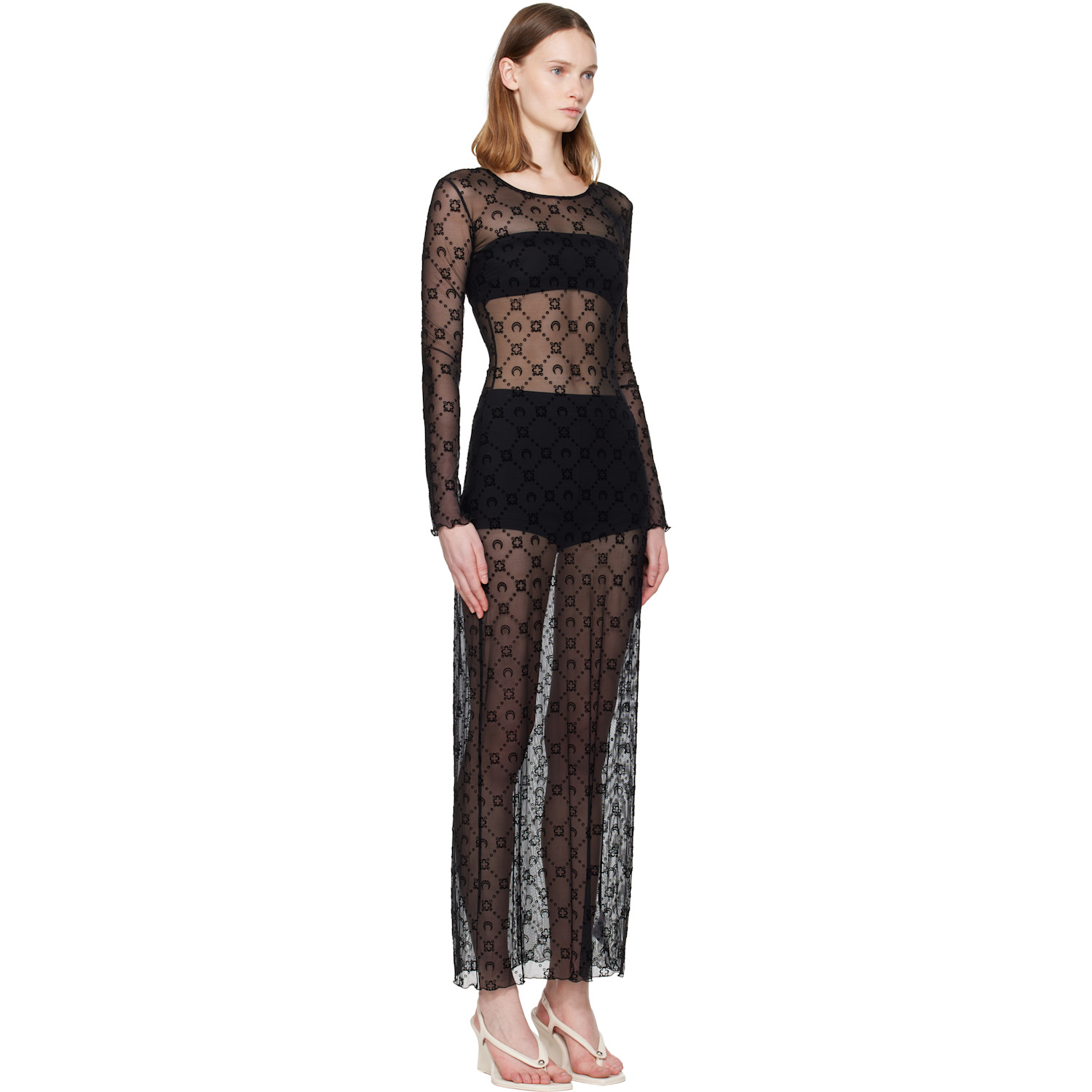 Marine Serre Black Moonogram Mesh Flock Ls Crewneck Maxi Dress 