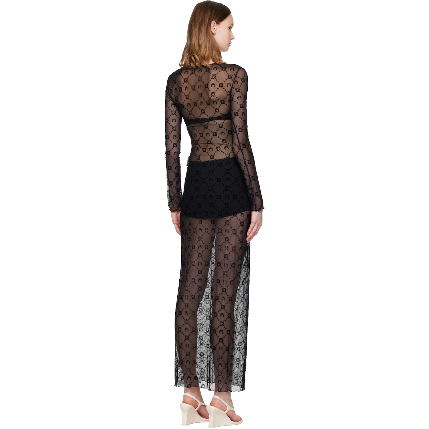  Marine Serre Black Moonogram Mesh Flock Ls Crewneck Maxi Dress 